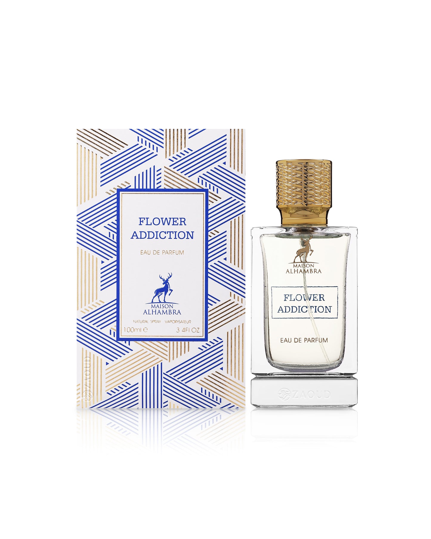 alhambra flower addiction perfume bottle shows beside box against white background