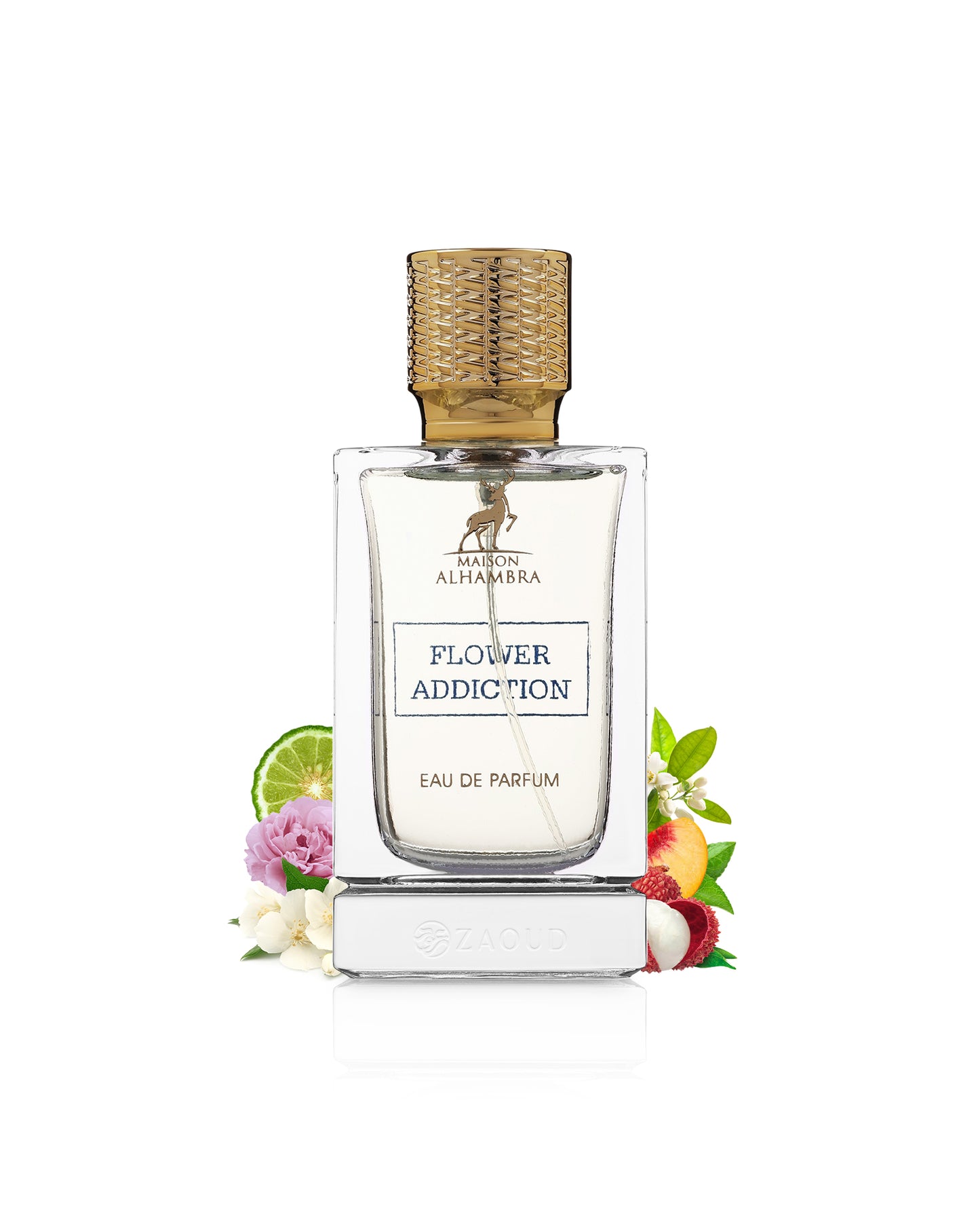 alhambra flower addiction perfume bottle surrounded with fragrance notes like lychee and jasmine against white background