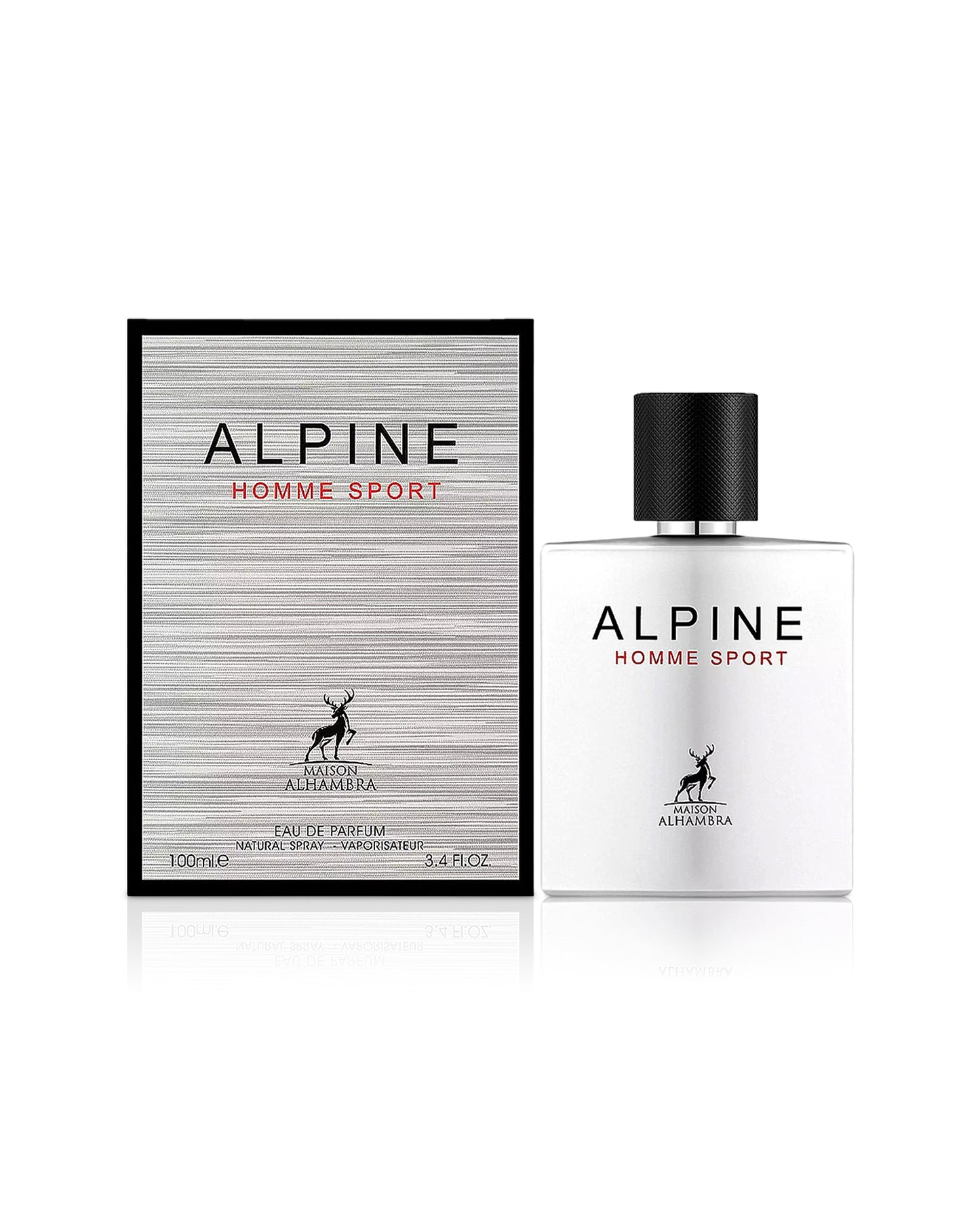 alpine homme sport by maison alhambra perfume bottle shows beside its box against white background