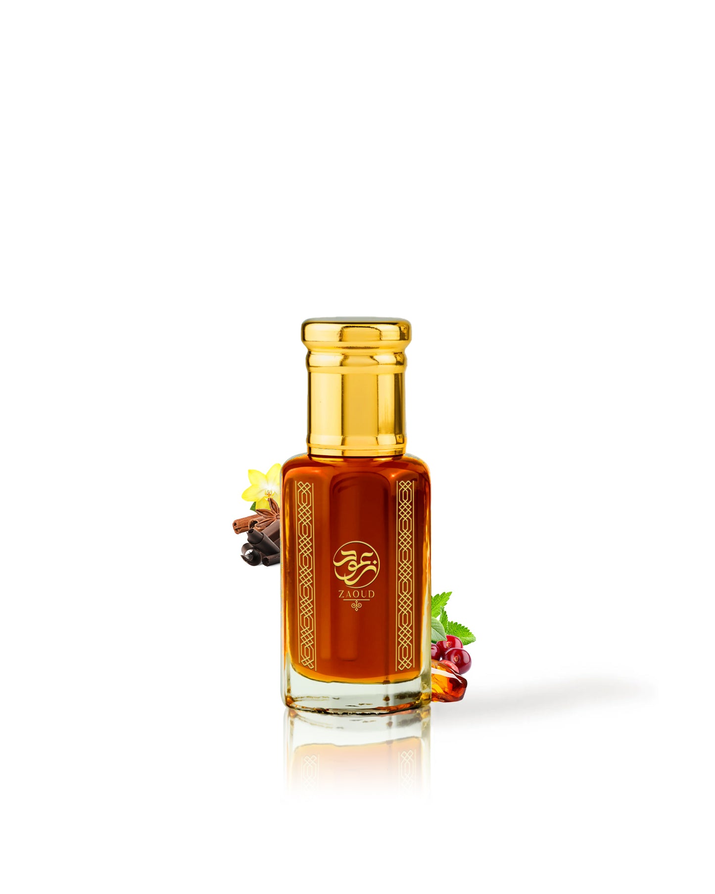 amber haze perfume oil bottle surrounded by fragrance notes like amber and cherry shows from behind the bottle against white background