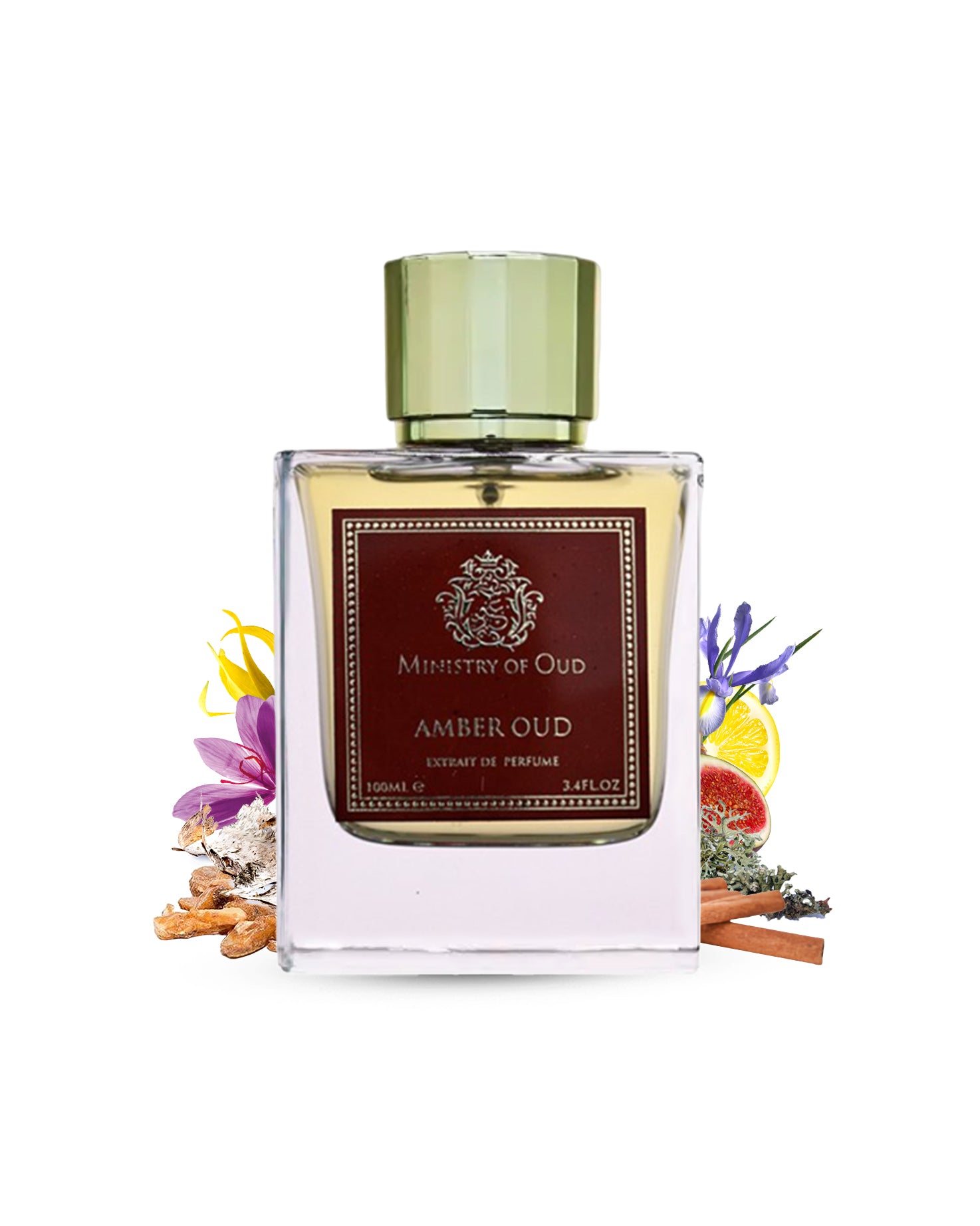 amber oud by ministry of oud perfume bottle surrounded with its ingredients like fig and sandalwood shows from behind the bottle against white background