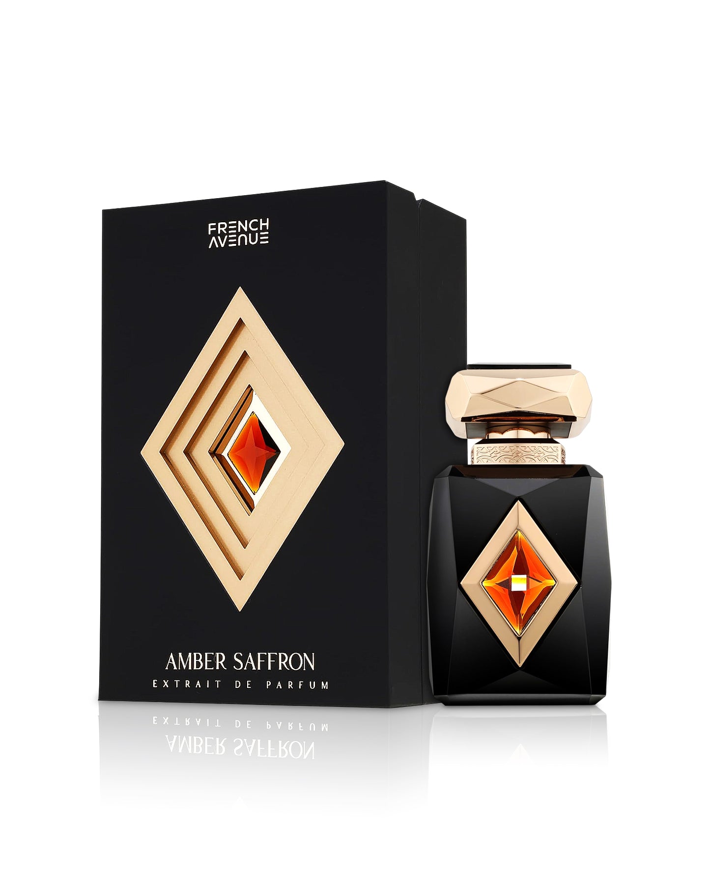 french avenue amber saffron perfume bottle shows beside its box against white background
