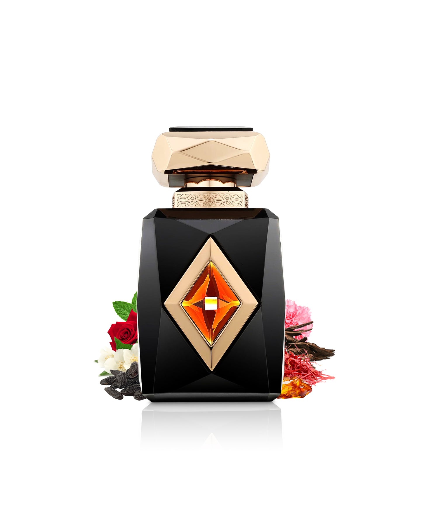 french avenue amber saffron perfume bottle surrounded with fragrance notes like amber and saffron shows against white background