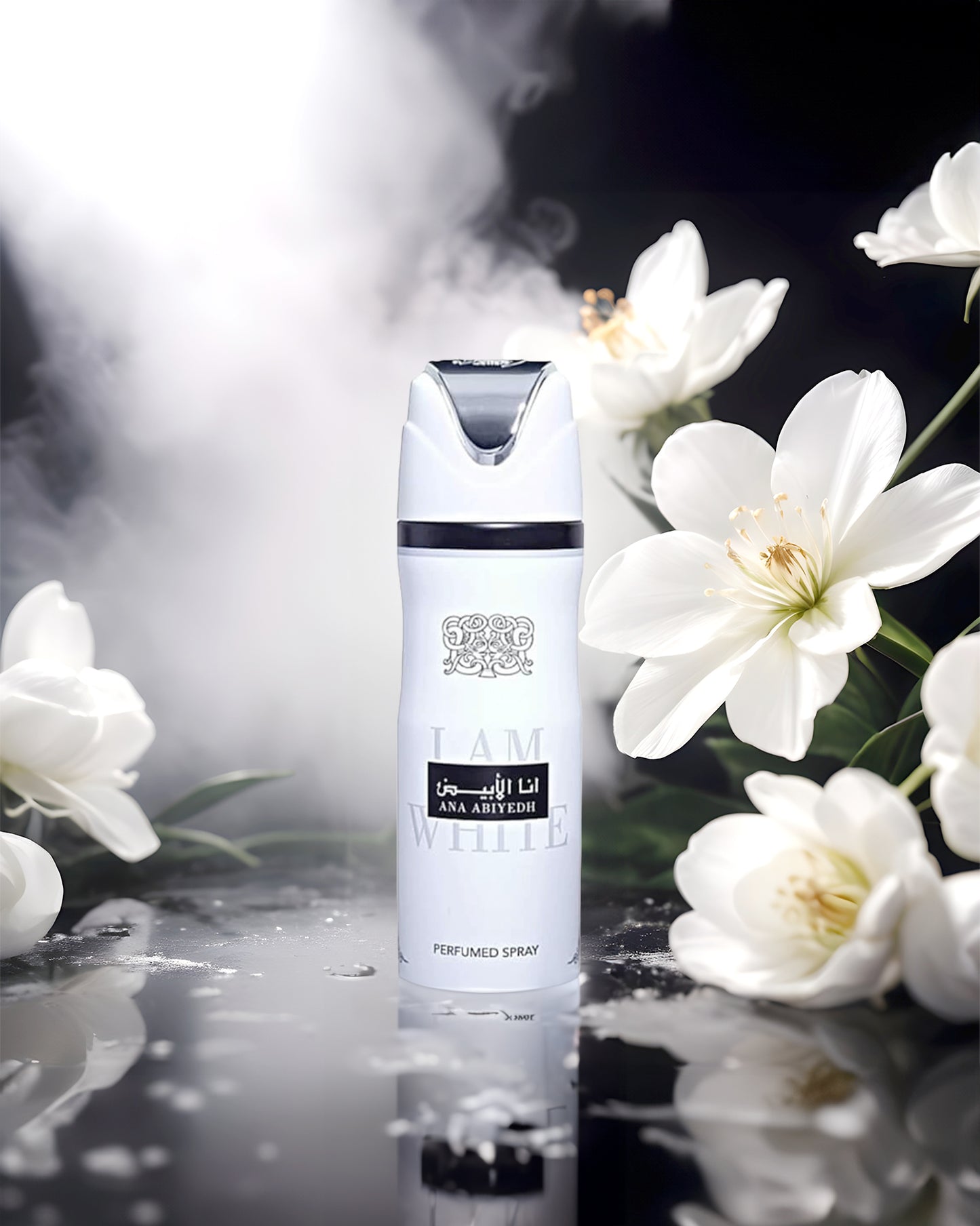 ana abiyedh deodorant bottle photograph surrounded with white flowers