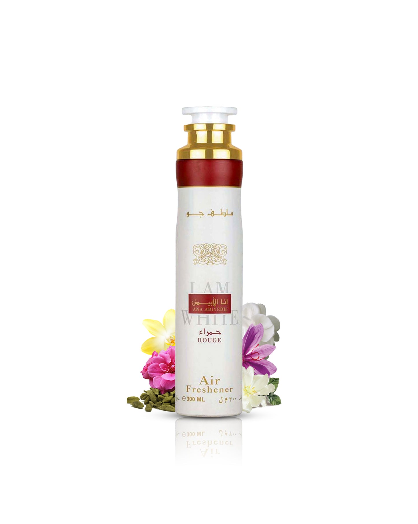 ana abiyedh rouge air freshner bottle surrounded by ambergris caramel against white background
