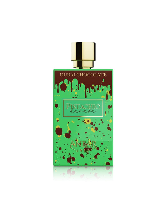 anfar dubai chocolate pistachio kunafa perfume bottle shows against white background