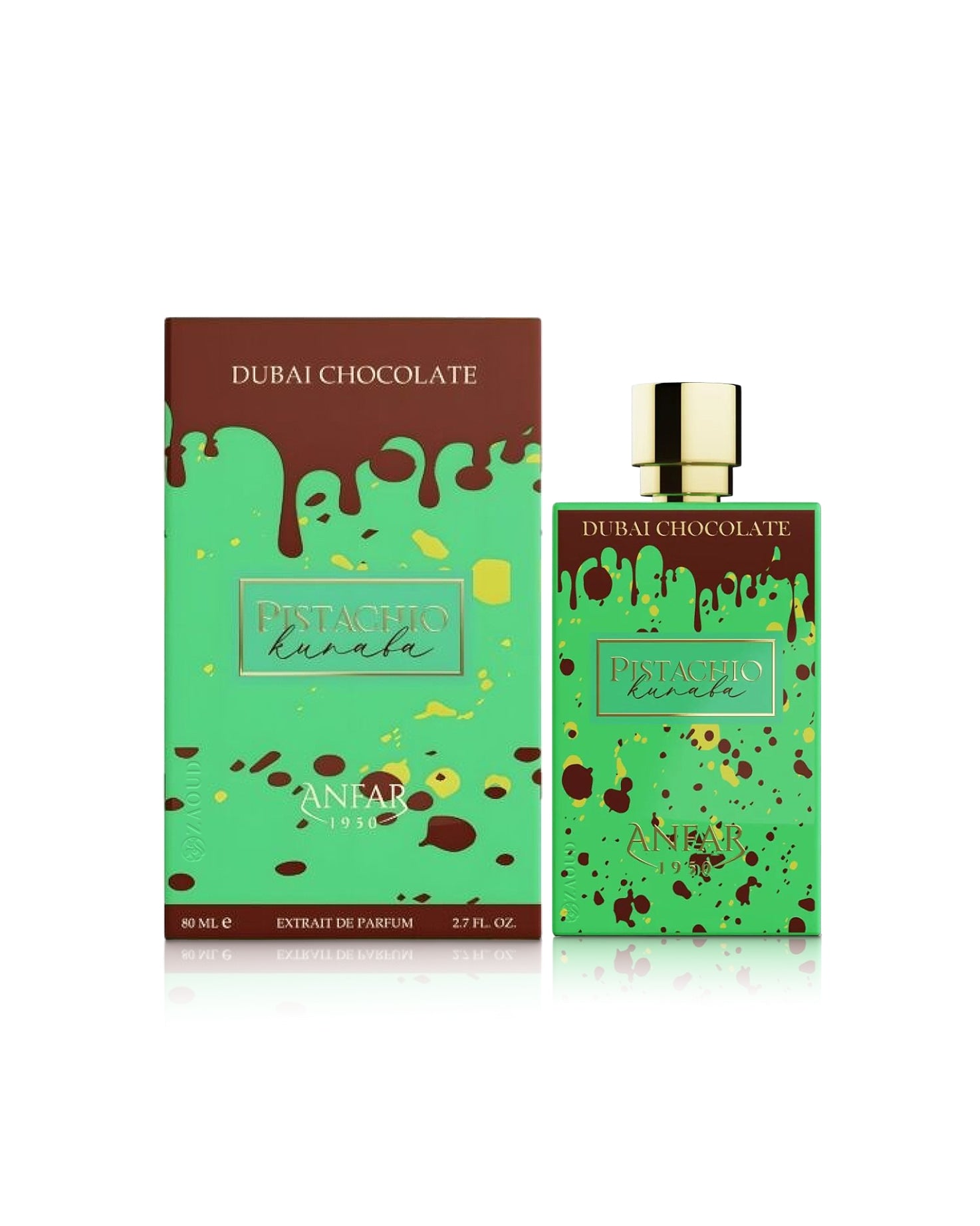 anfar dubai chocolate pistachio kunafa perfume bottle shows beside its box against white background