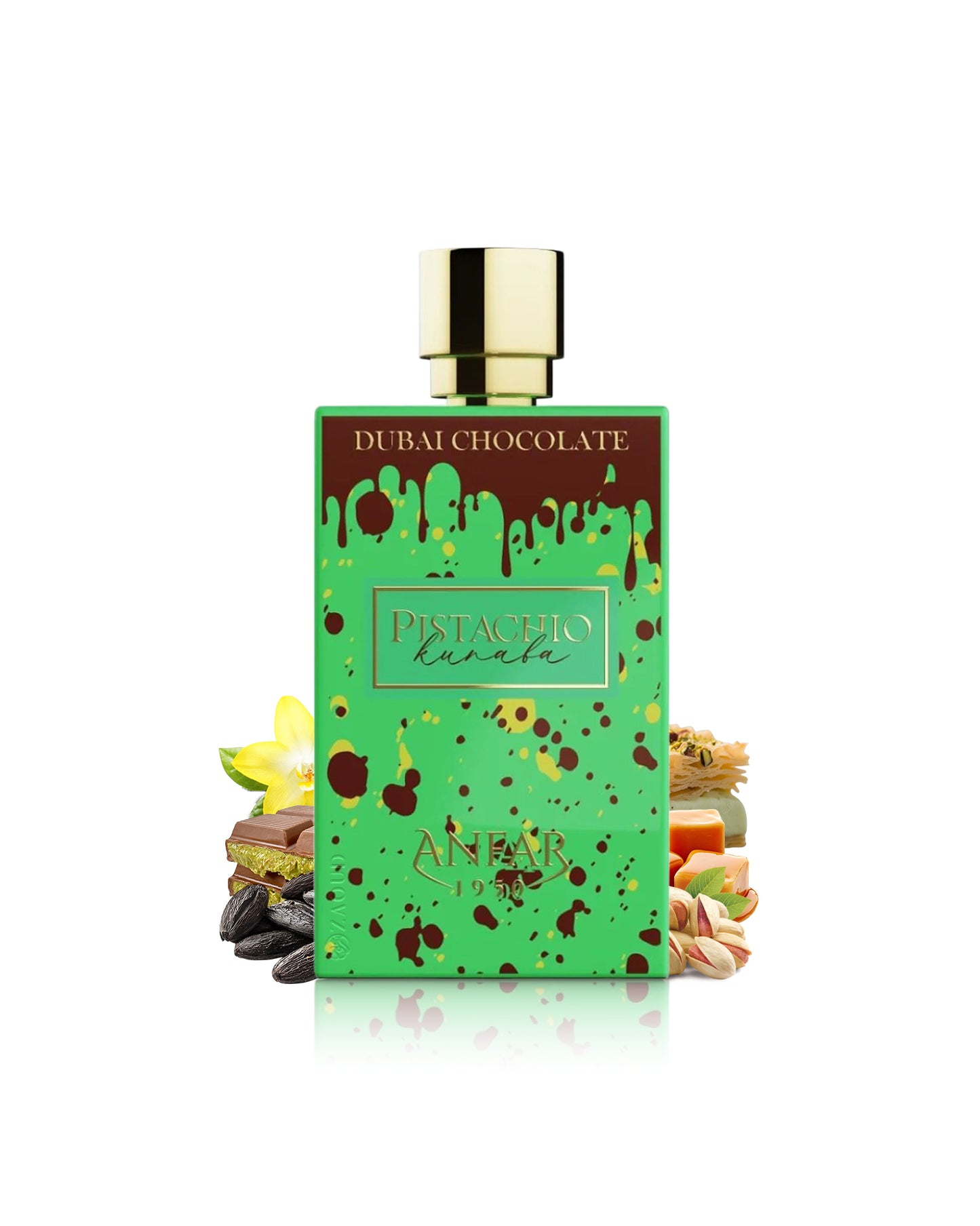 anfar dubai chocolate pistachio kunafa perfume bottle surrounded with fragrance notes like tonka and pistachio shows against white background