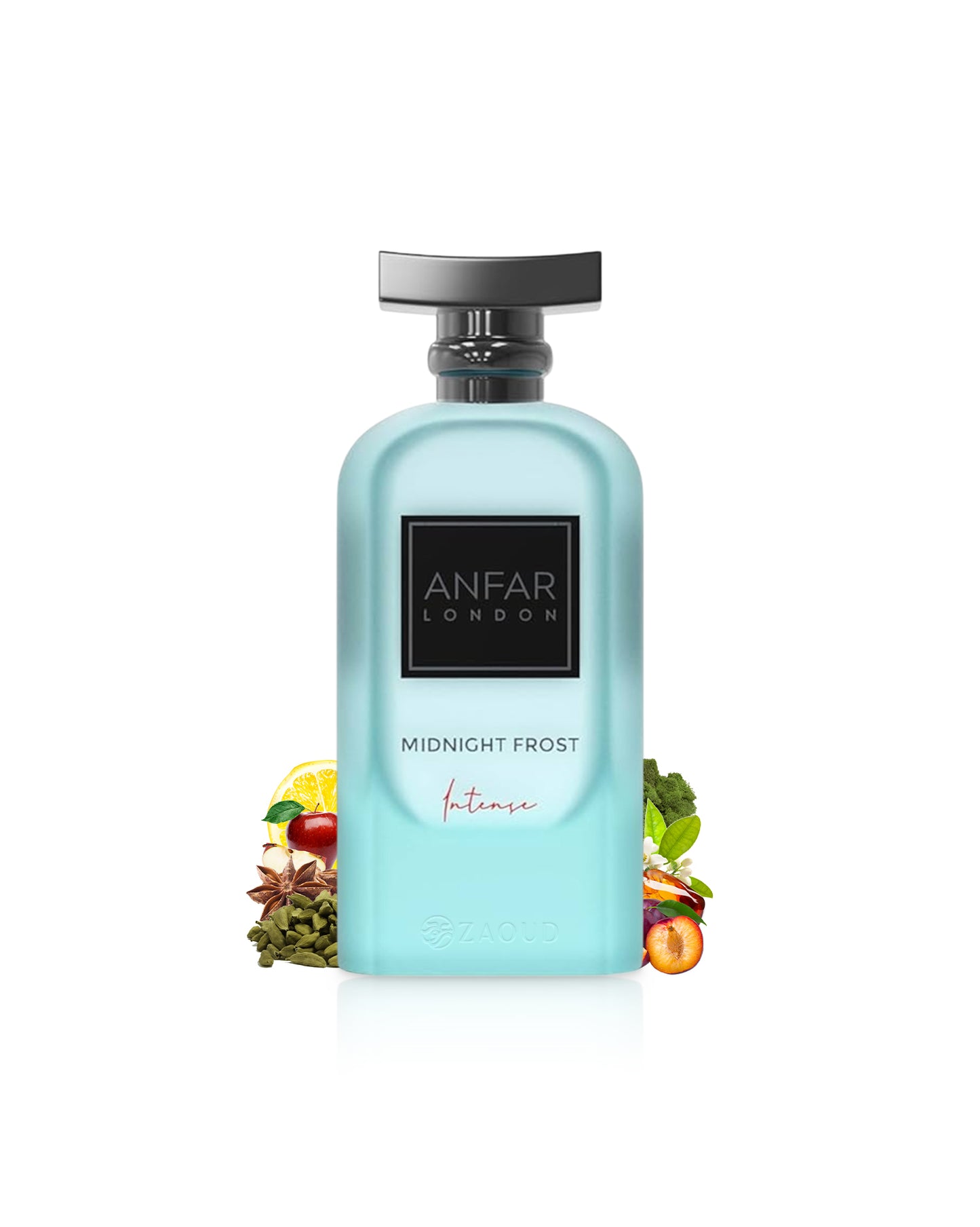 Anfar Midnight Frost intense perfume bottle surrounded by fragrance notes like pulm and cardamom on a white background
