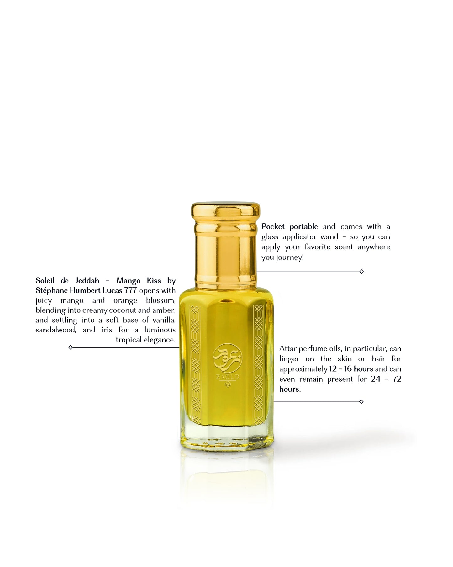 arabian mango Perfume oil bottle with golden cap beside written fragrance informations against white background