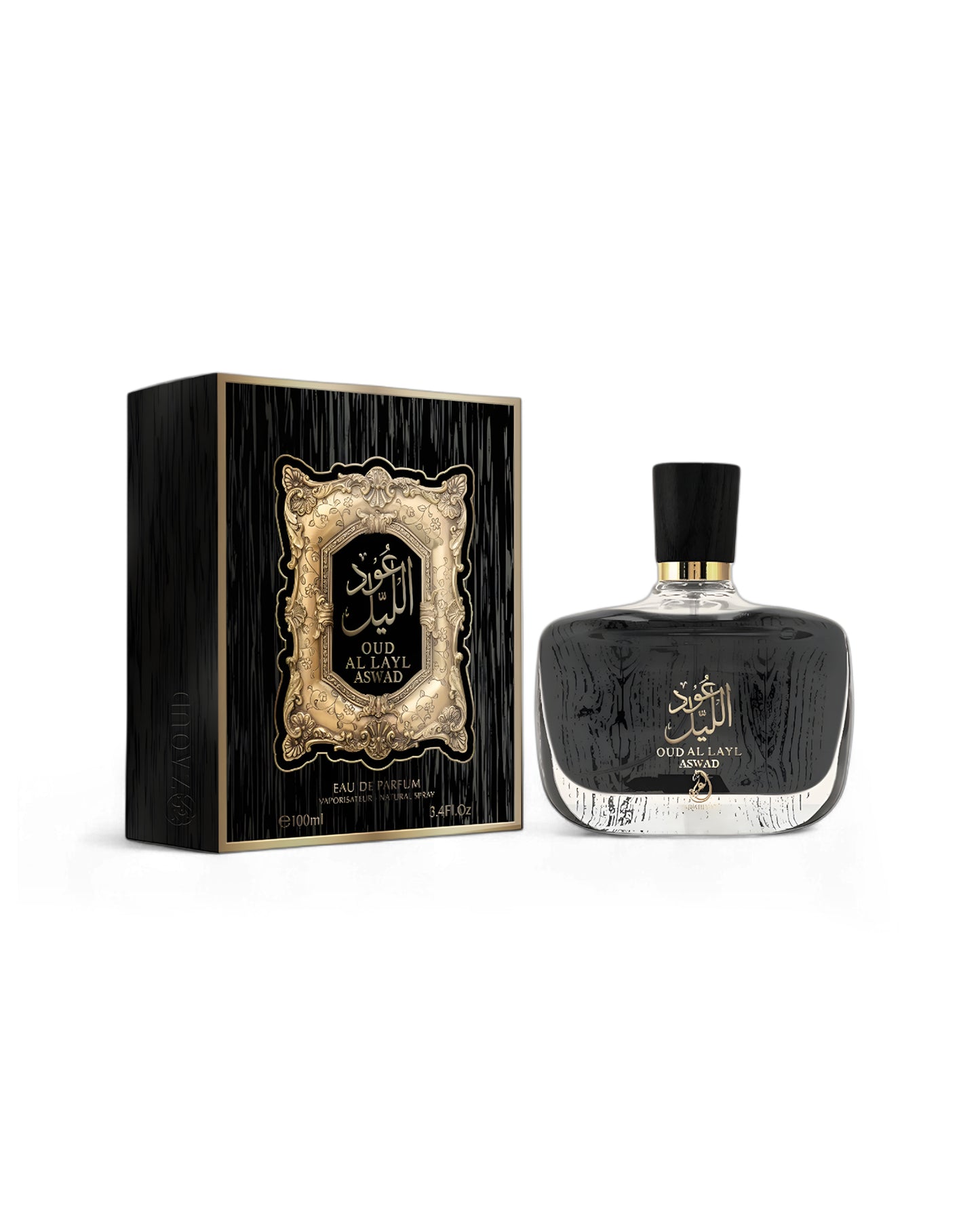 arabiyat oud al layl aswad Perfume bottle and packaging with intricate design on a white background