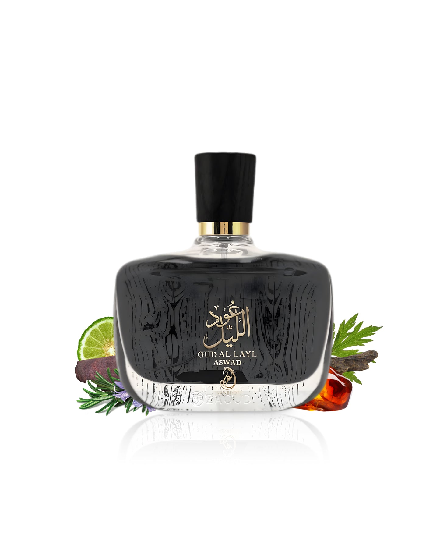 arabiyat oud al layl aswad Perfume bottle with decorative elements like rosemery and amber on a white background