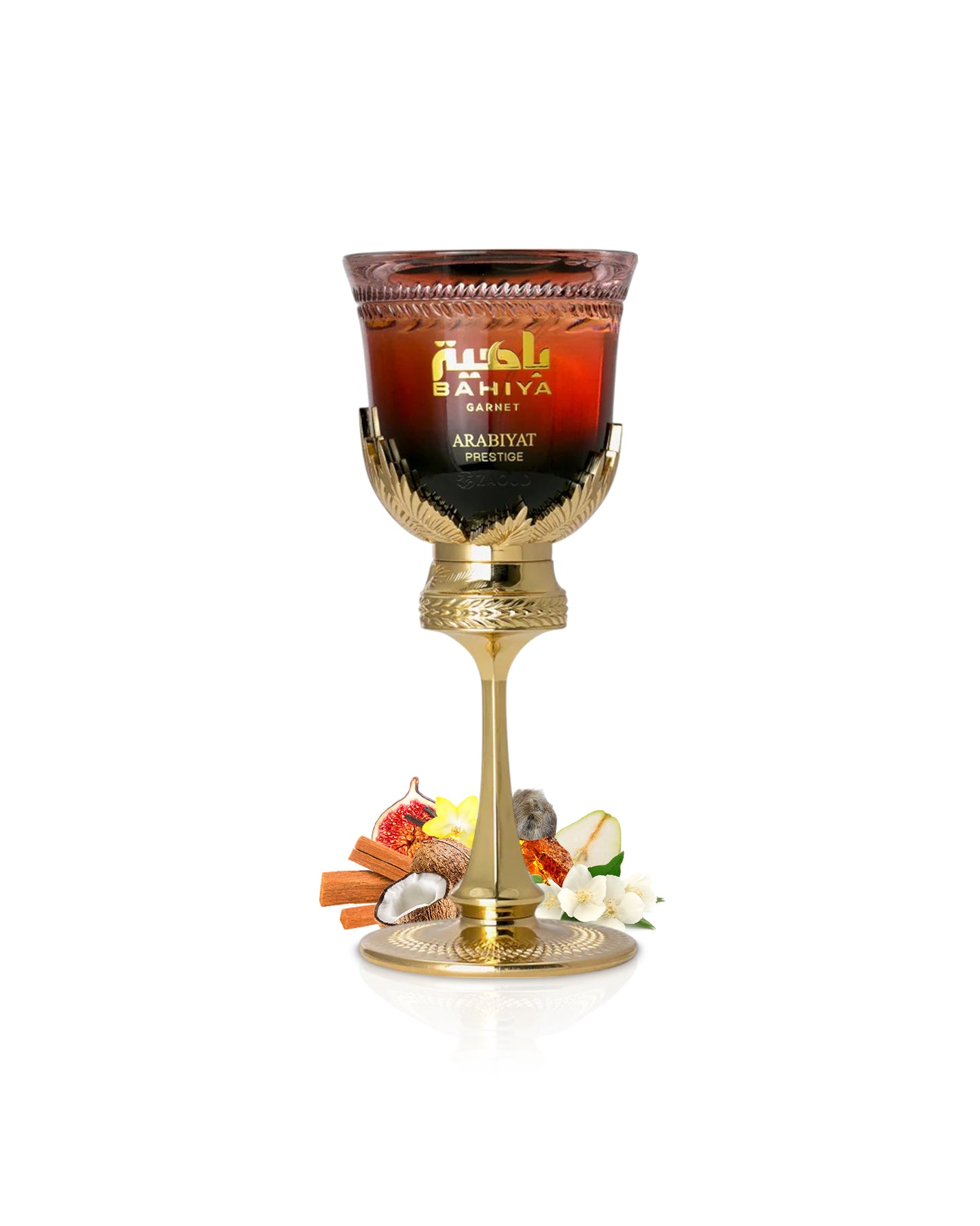 arabiyat prestige Bahiya Garnet Decorative glass with gold base and 'Arabiyat' branding surrounded by fruits on a white background
