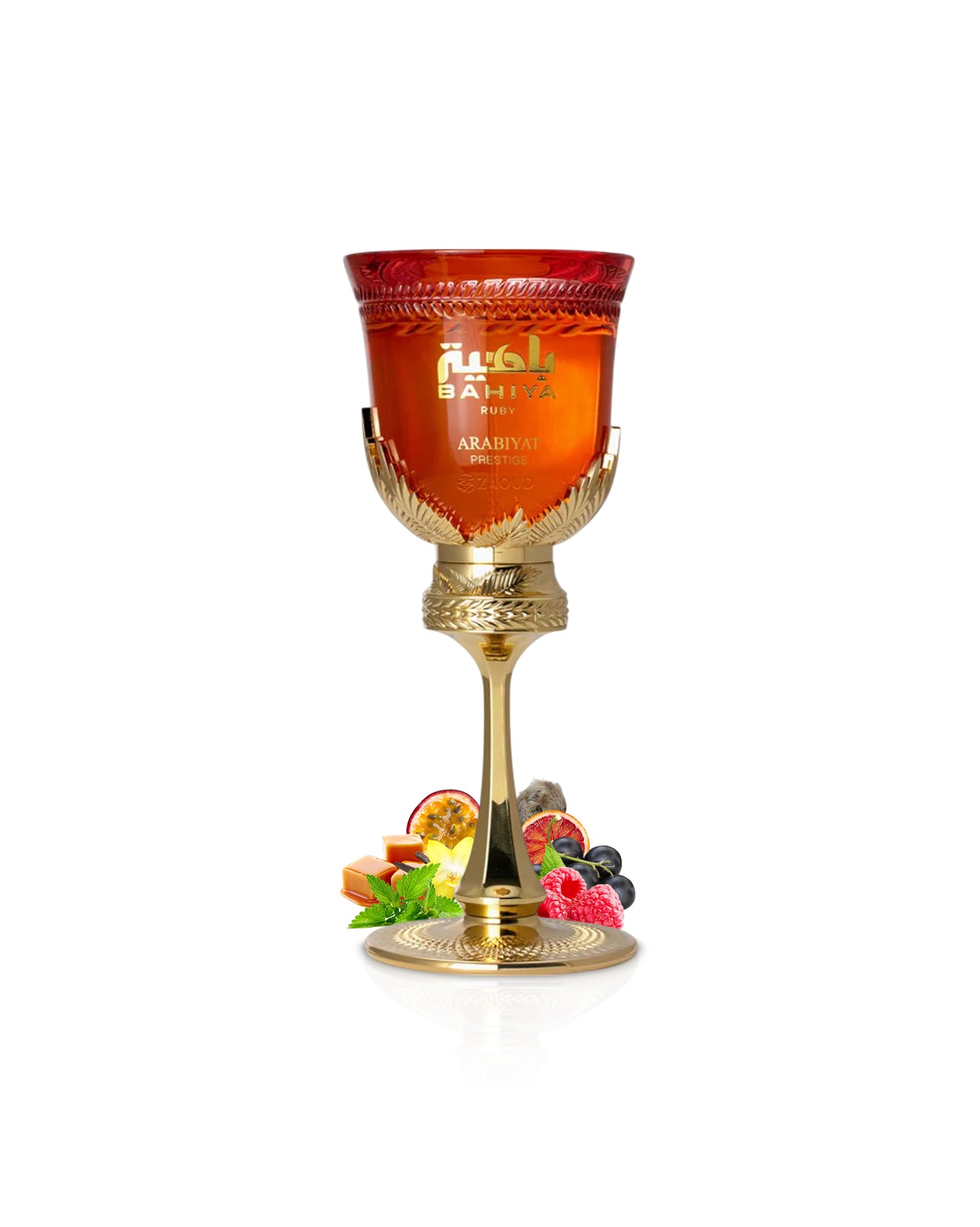 arabiyat prestige Bahiya ruby Decorative glass with gold stem and red top, featuring a fragrance notes like red fruits and caramel, on a white background.