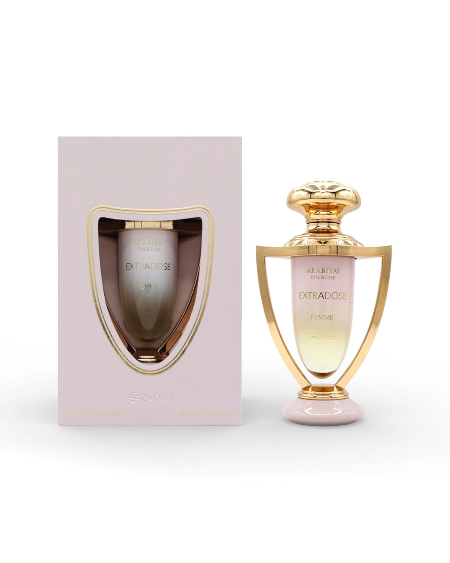 arabiyat prestige extradose femme perfume bottle shows beside-its packaging against white background