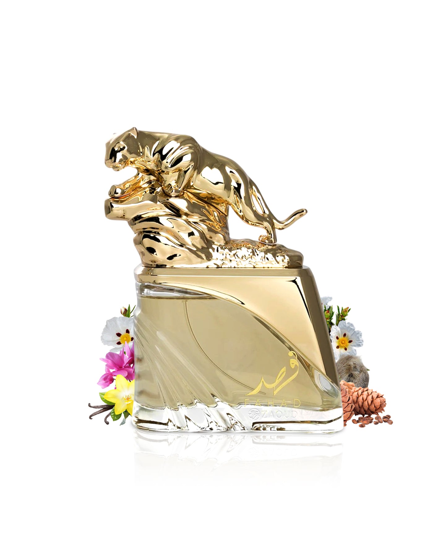 arabiyat prestige fahad regal Perfume bottle with gold tiger design surrounded by vanilla and musk on a white background