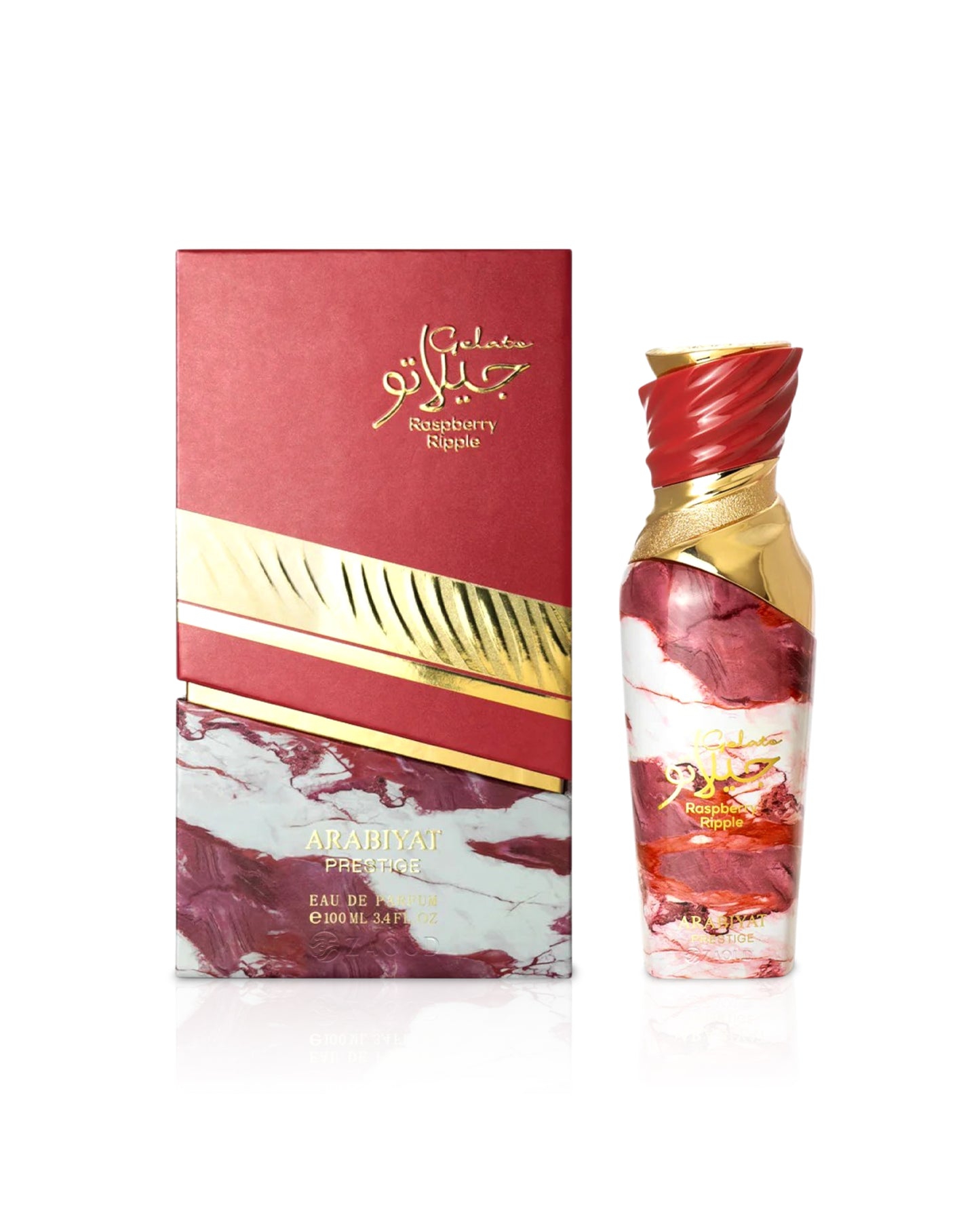arabiyat prestige gelato raspberry ripple perfume bottle and packaging on a white background