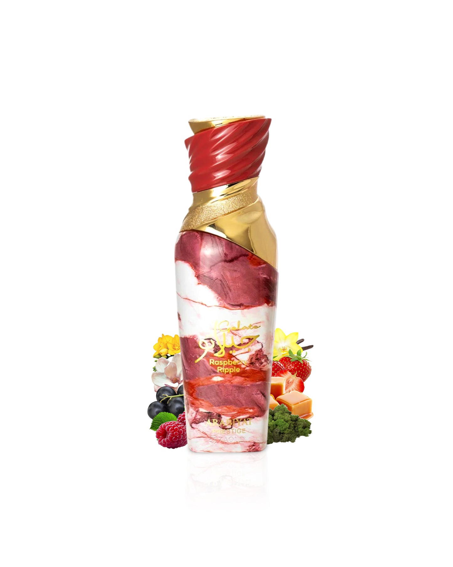 arabiyat prestige gelato raspberry ripple Bottle with a red and gold cap, surrounded by fruits and vegetables on a white background