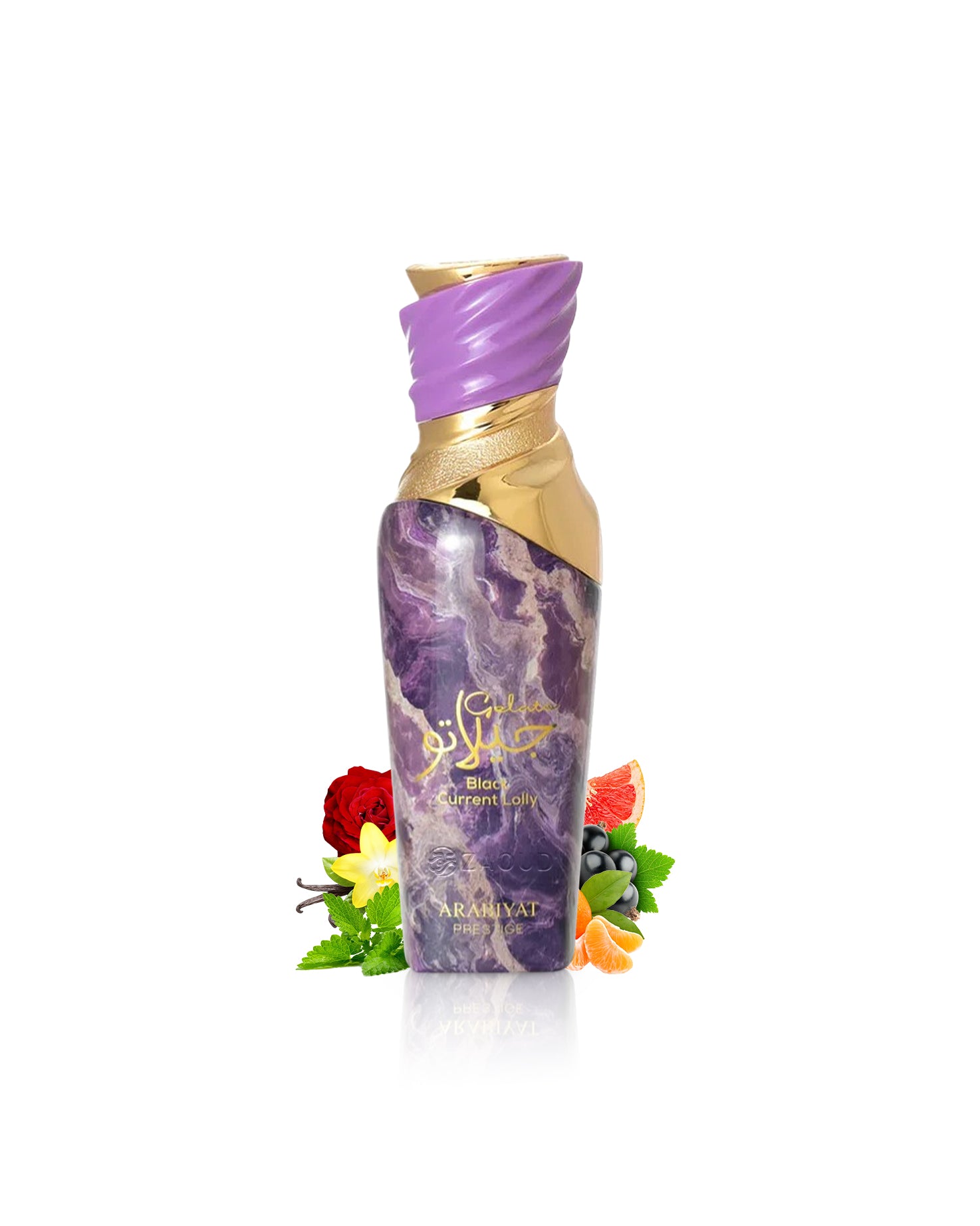 arabiyat prestige gelato black current lolly Purple and gold bottle with floral decorations like orange and vanilla on a white background