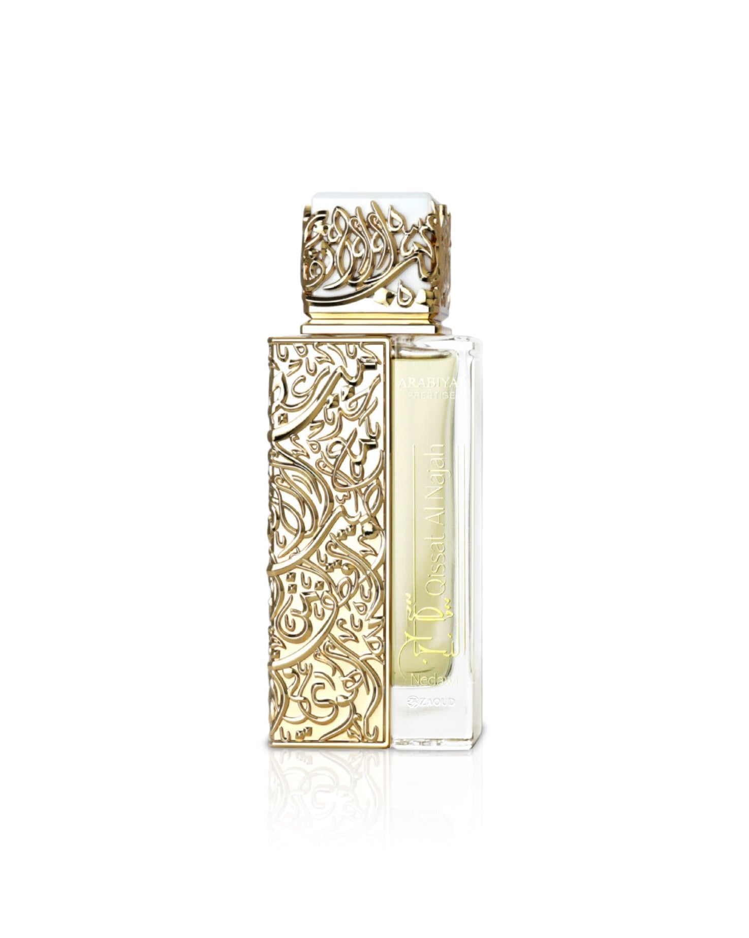 arabiyat prestige Kiamichi Nedawi Gold and clear perfume bottle with intricate design on a white background