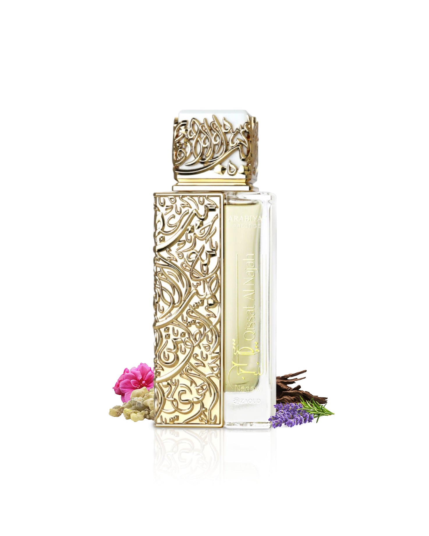 arabiyat prestige Kiamichi Nedawi Decorative perfume bottle with intricate gold design on a white background
