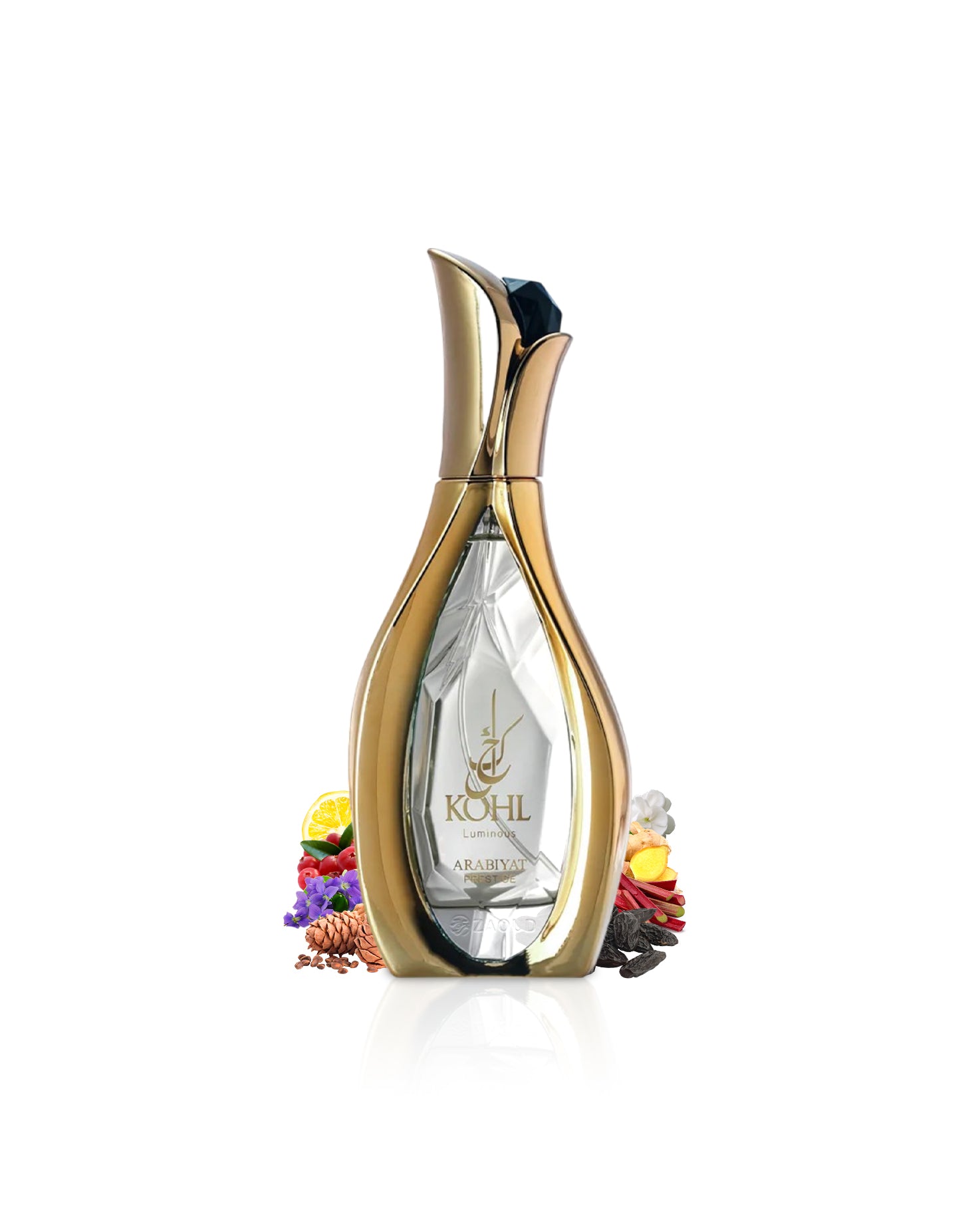 arabiyat prestige kohl luminous Gold and clear perfume bottle surrounded by ginger and tonka with 'Kohl' branding on a white background