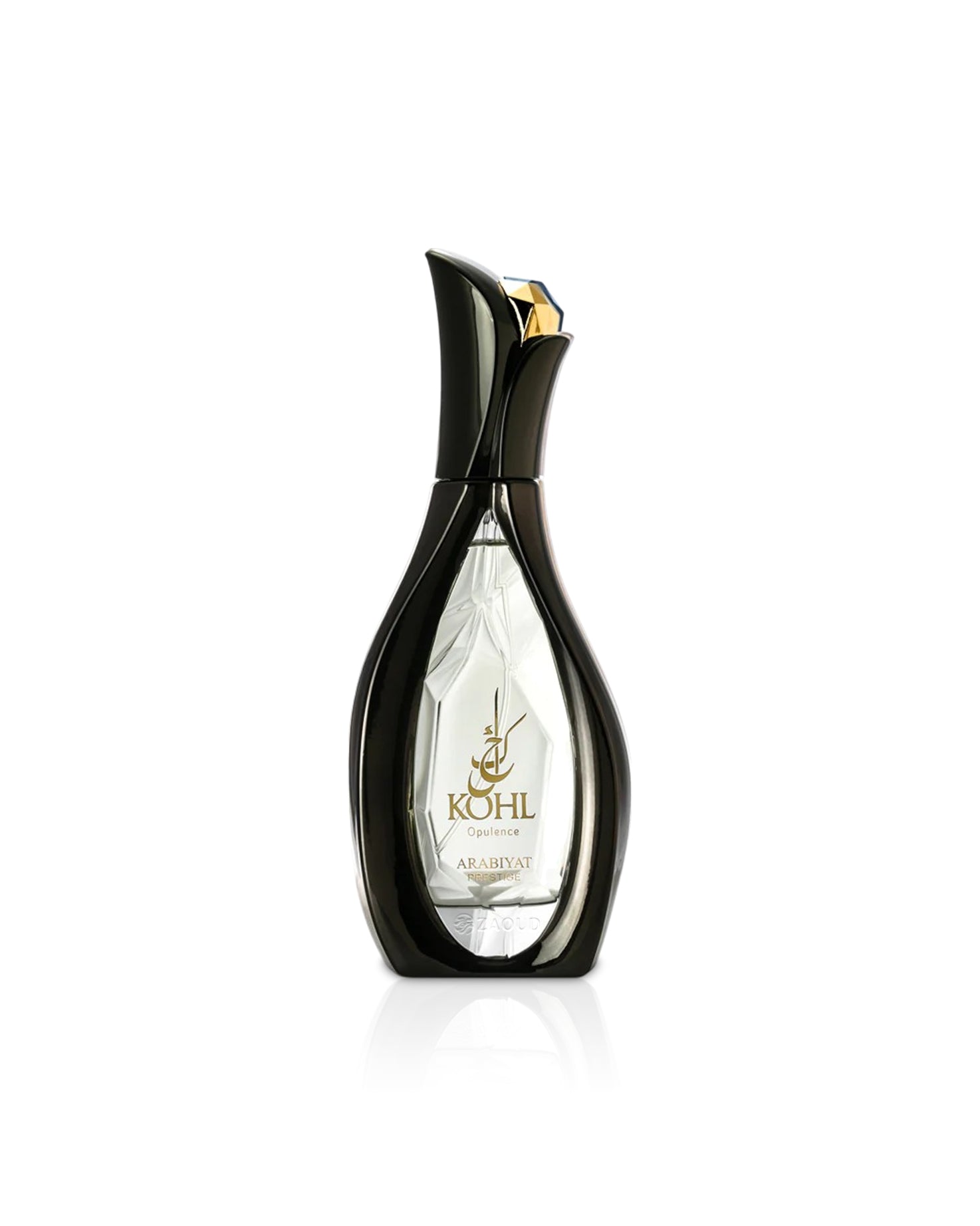 arabiyat prestige Kohl Opulence Black perfume bottle with gold cap on a white background