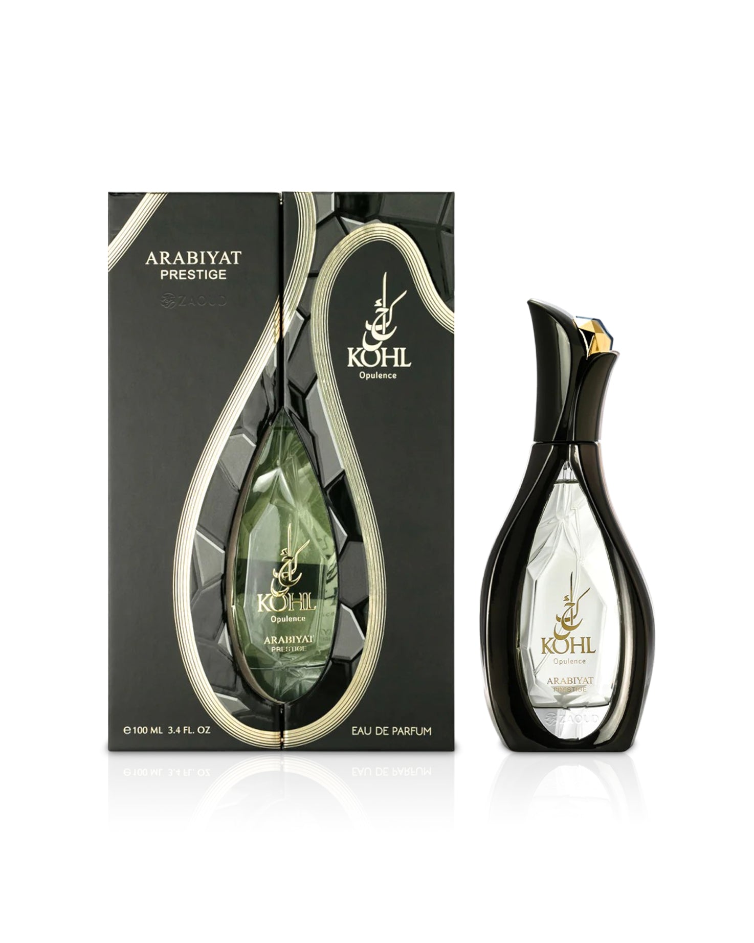 arabiyat prestige Kohl Opulence perfume bottle and packaging on a white background