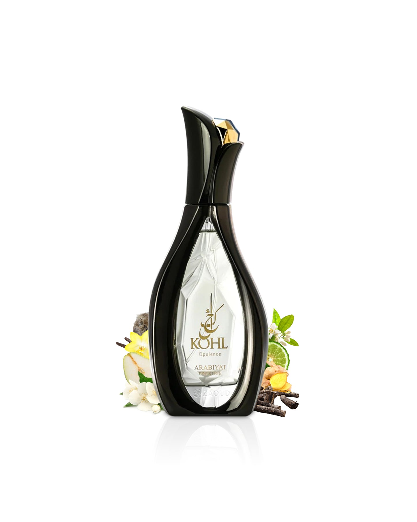 arabiyat prestige Kohl Opulence Black perfume bottle with decorative elements like ginger and jasmine on a white background