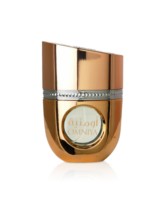 arabiyat prestige omniya Gold perfume bottle with 'Omniya' branding on a white background