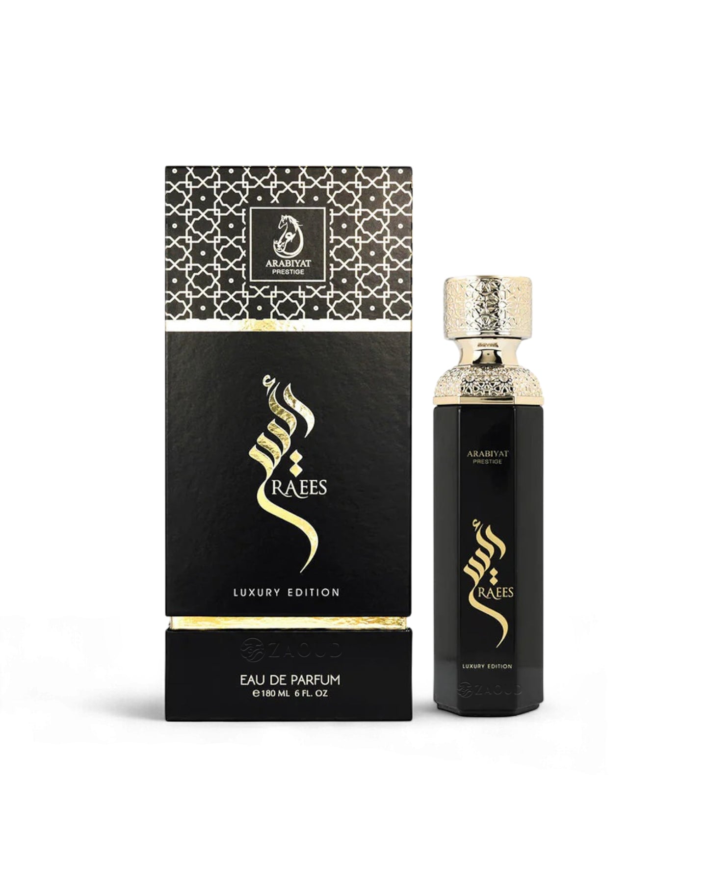 arabiyat prestige raees luxury edition black bottle shows beside its packaging against white background