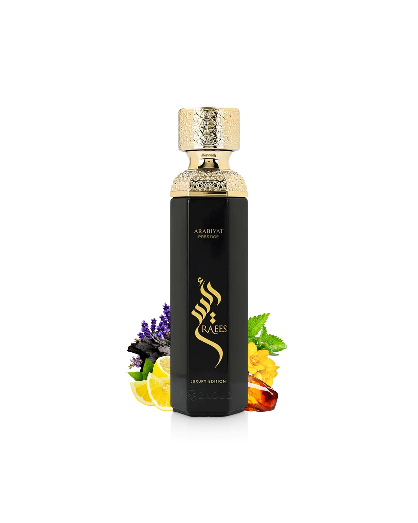 arabiyat prestige raees luxury edition black bottle surrounded by fragrance notes like amber and lemon shows against white background
