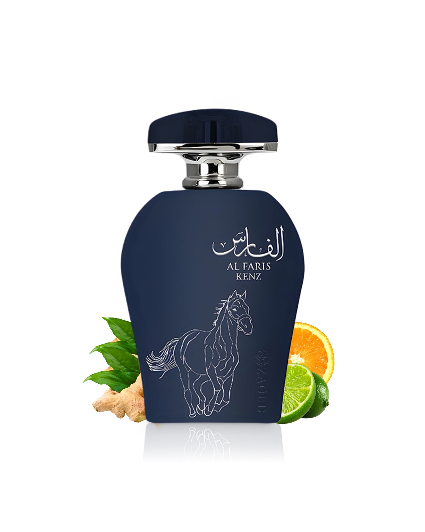 arabiyat restige al faris kenz perfume bottle with horse design and citrus fruits on a white background