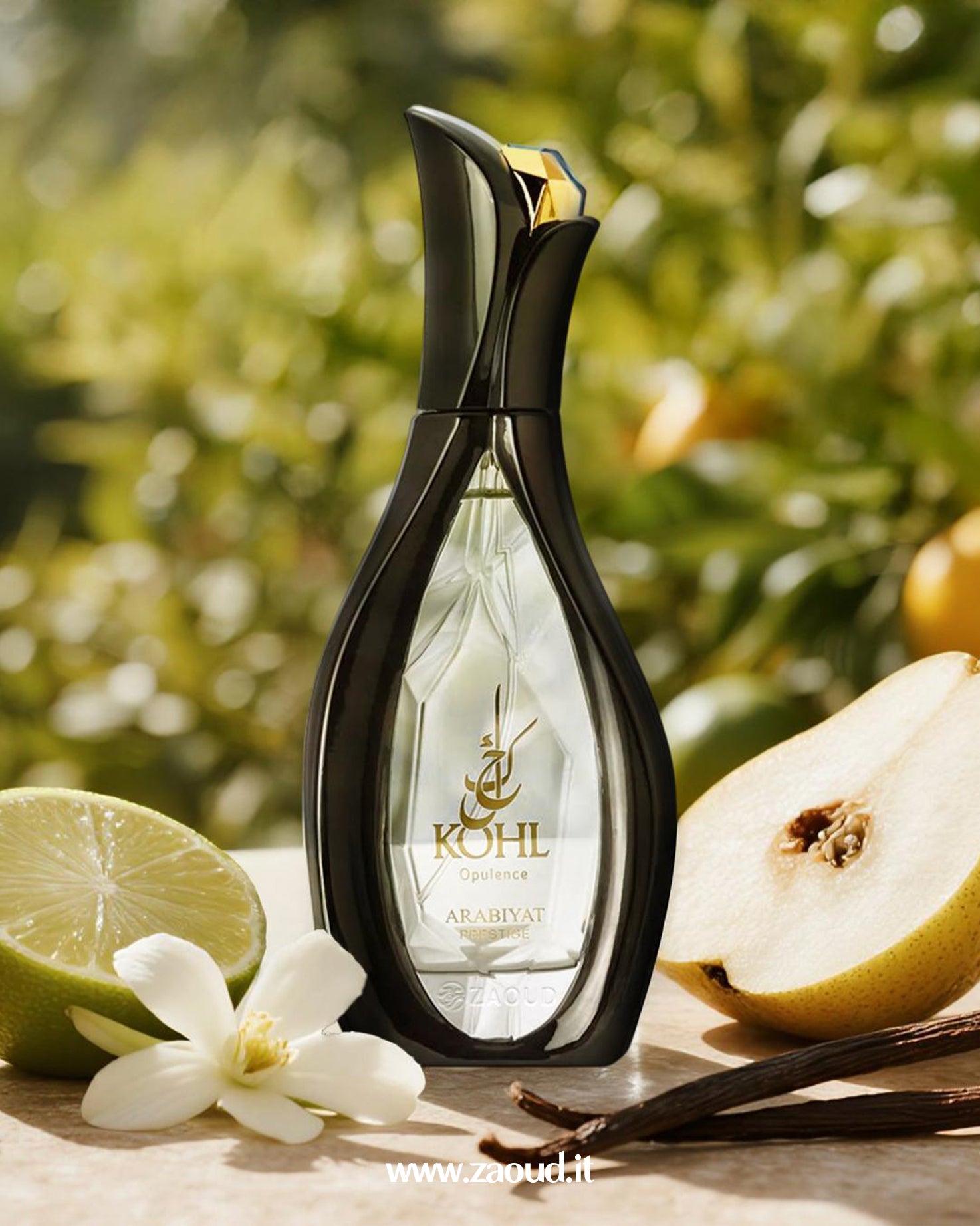 Kohl Opulence by arabiyat Prestige surrounded by pear, bergamot, jasmin, and vanilla pods, set against natural background
