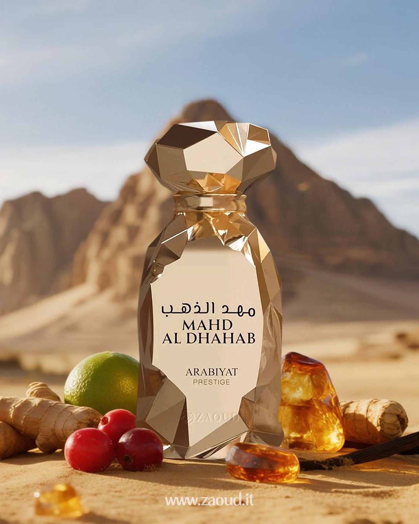 Arabiyat Prestige Mahd Al Dhahab perfume bottle, placed on desert sand with ginger root, lime, red berries, vanilla pods, and glowing amber stones, with majestic rocky mountains in the background.