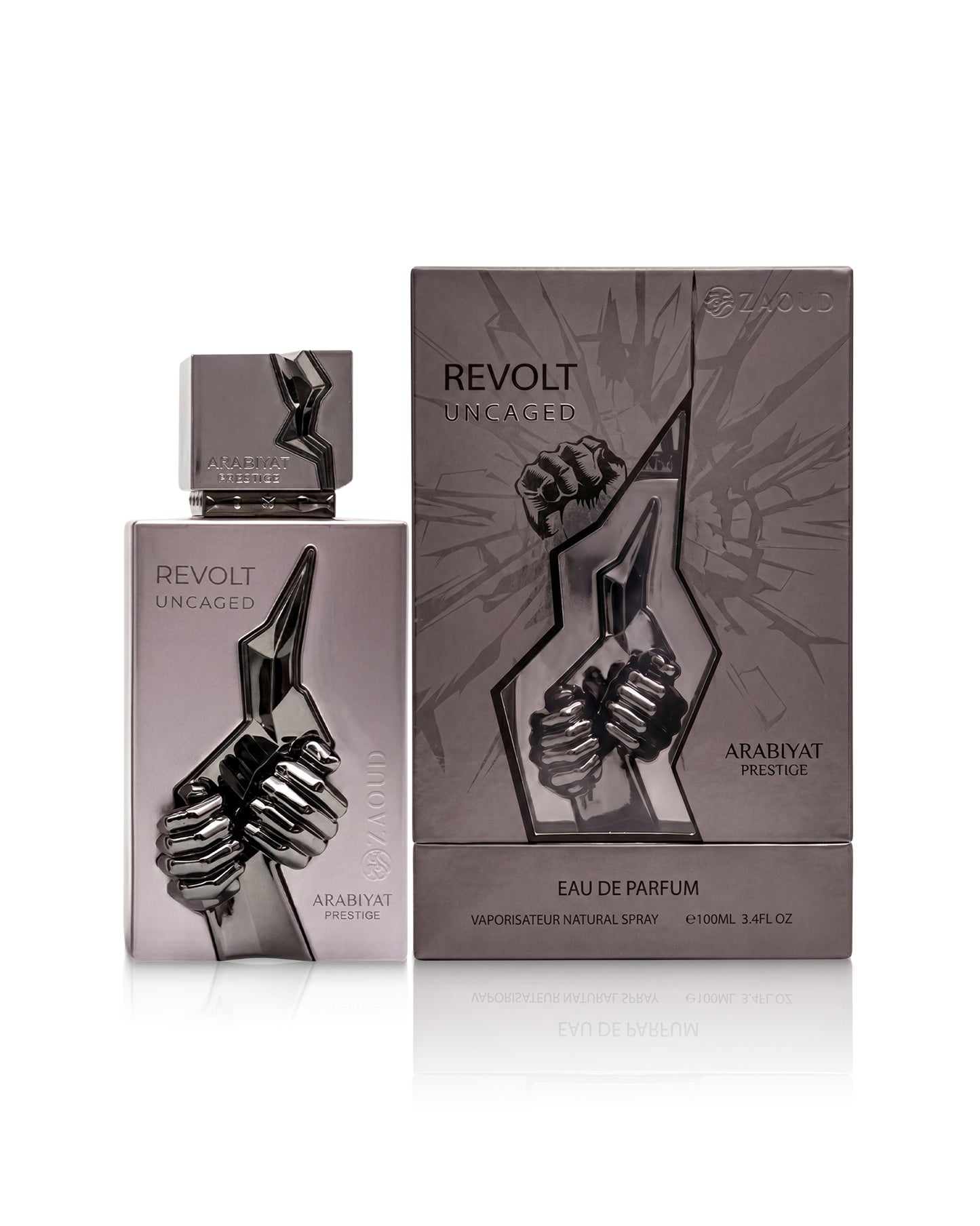 arabiyat prestige revolt uncaged perfume bottle shows beside its packaging against white background