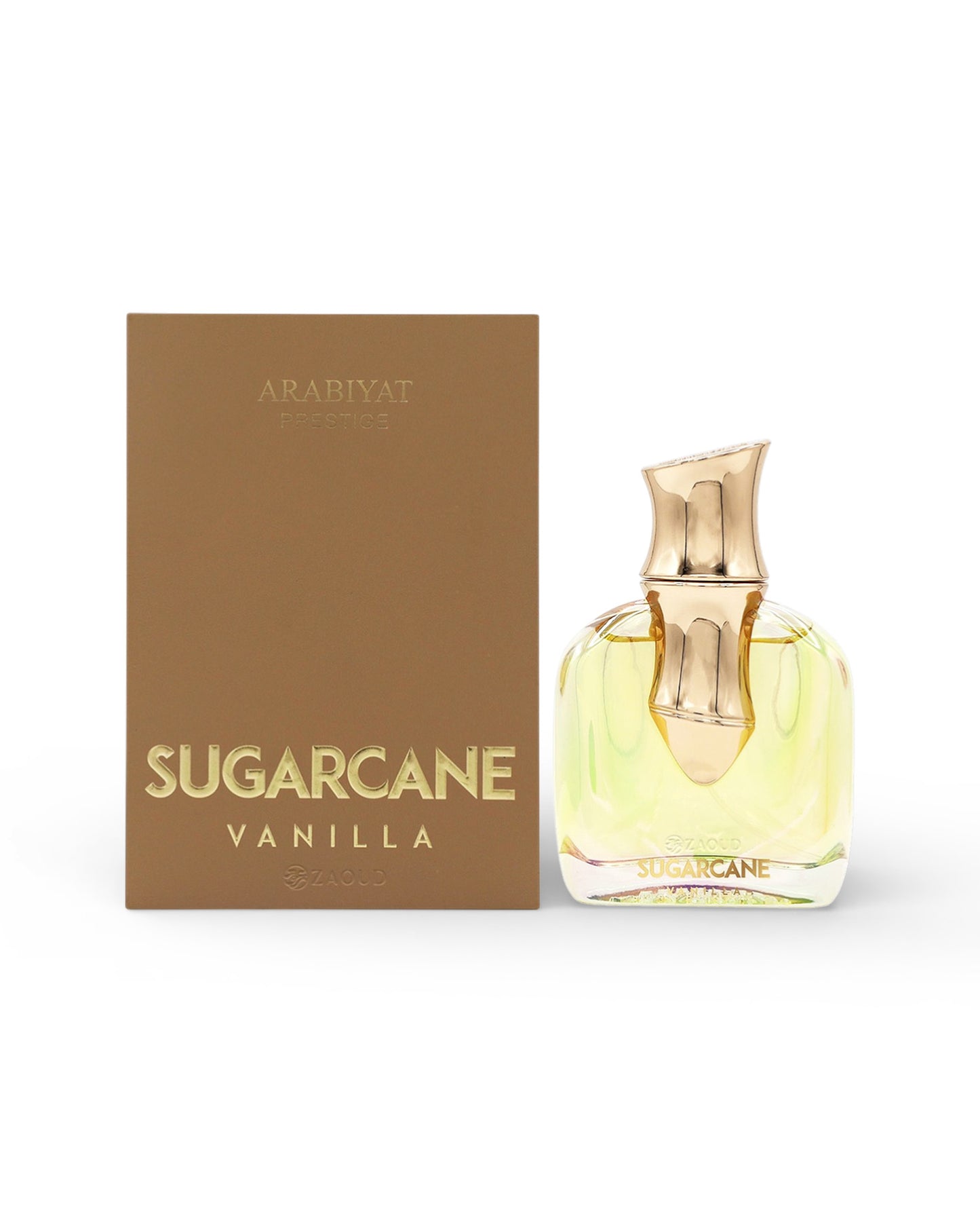 arabiyat prestige sugarcane vanilla perfume bottle shows beside its packaging against white background