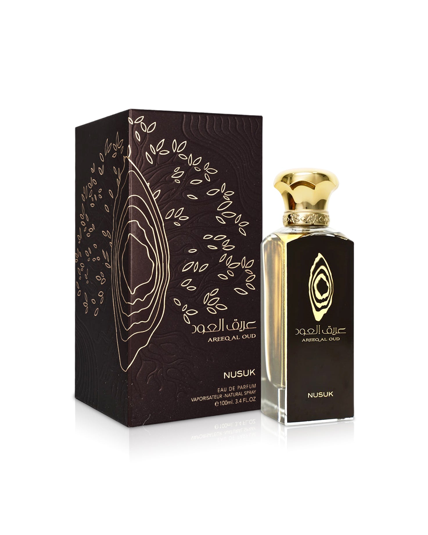 areeq al oud by nusuk perfumes bottle shows beside its box against white background