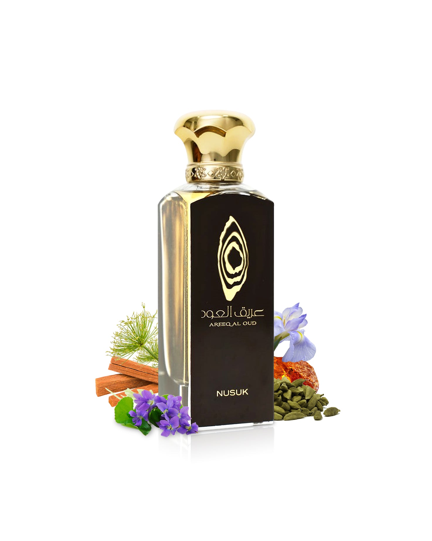 areeq al oud by nusuk perfumes bottle surrounded with its ingrdients like violet and cardamom with many others shows from behind the bottle against white background