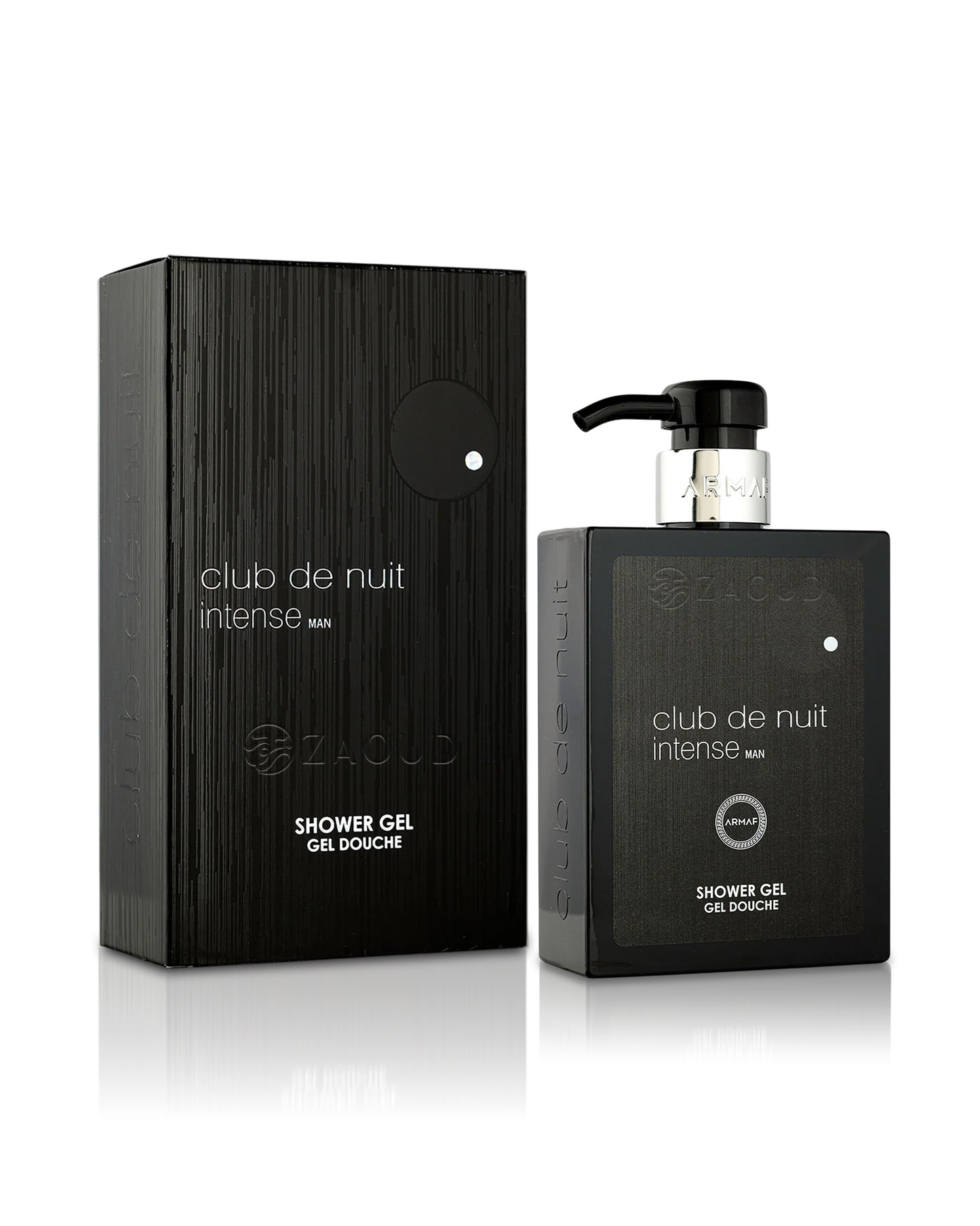 Armaf Club de Nuit Intense Men Shower Gel bottle and its matching black textured packaging box, displayed on a clean white background with a subtle reflection.