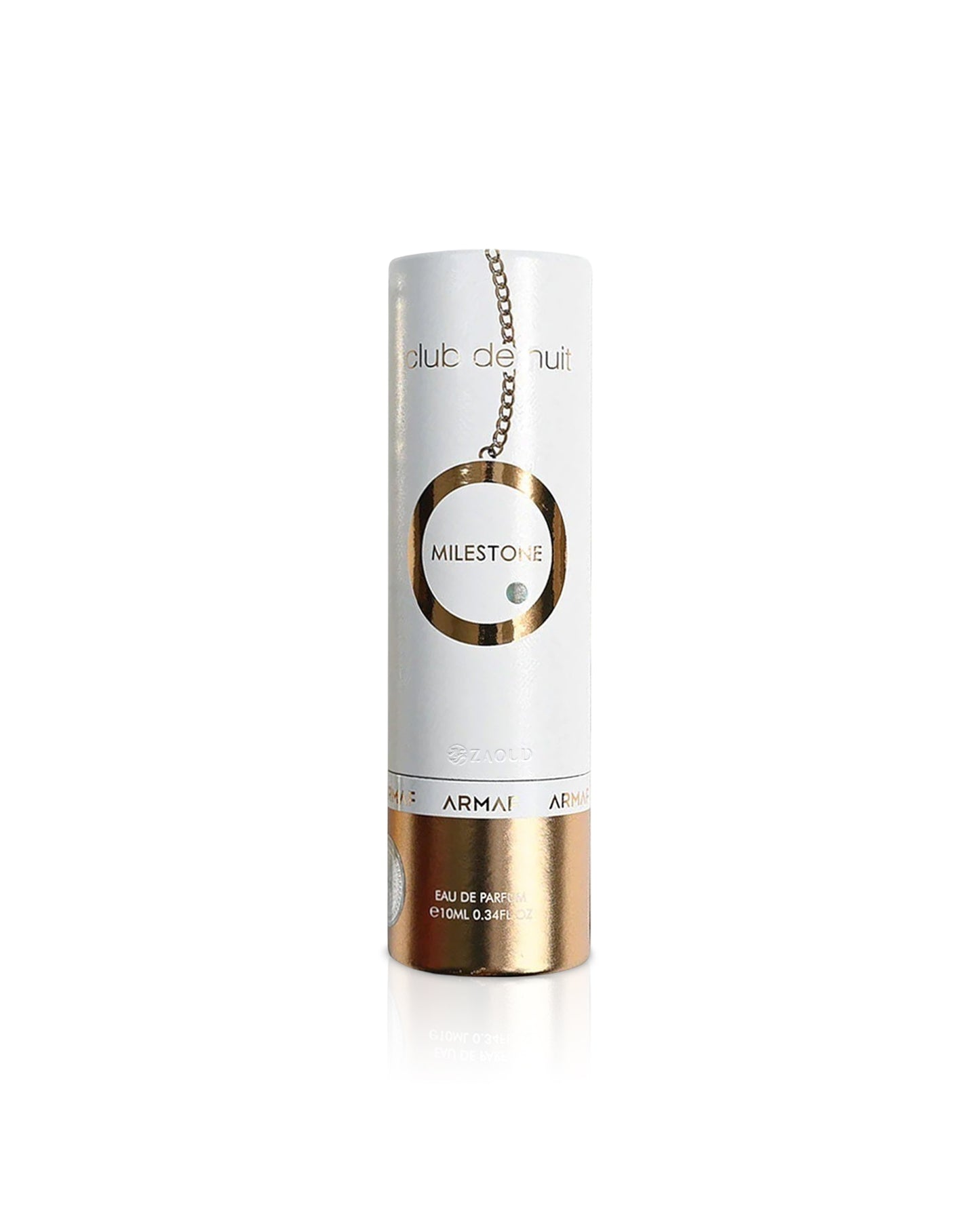 armaf club de nuit milestone 10ML perfume bottle with gold cap on a white background