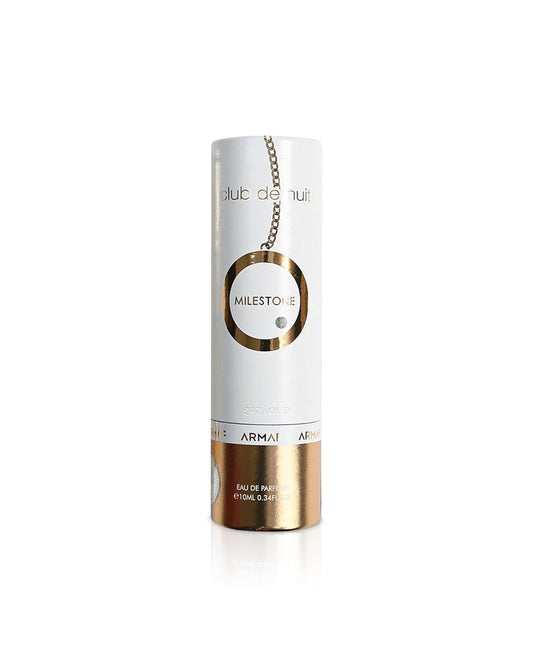 armaf club de nuit milestone 10ML perfume bottle with gold cap on a white background