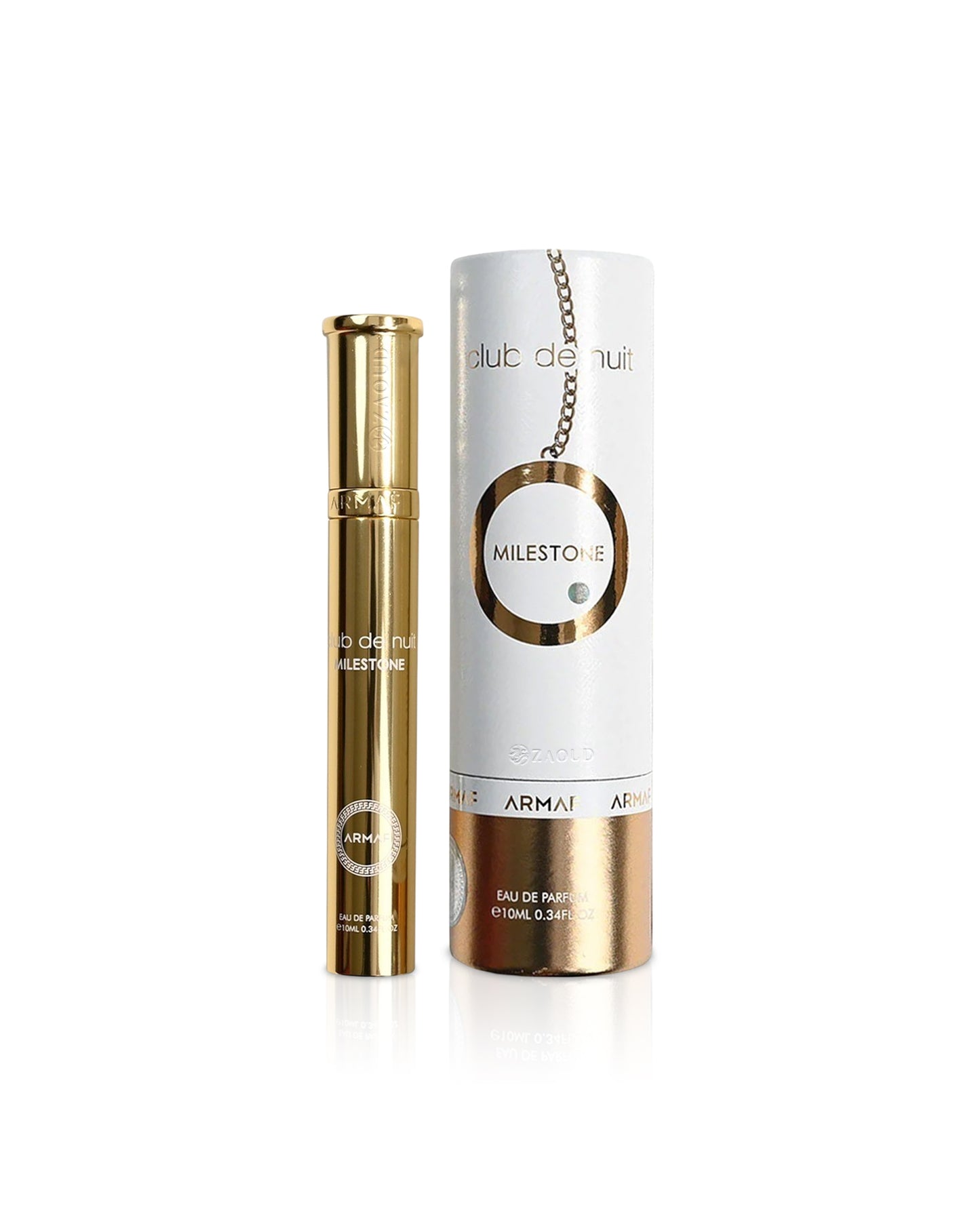 armaf club de nuit milestone 10ML perfume bottle and packaging on a white background
