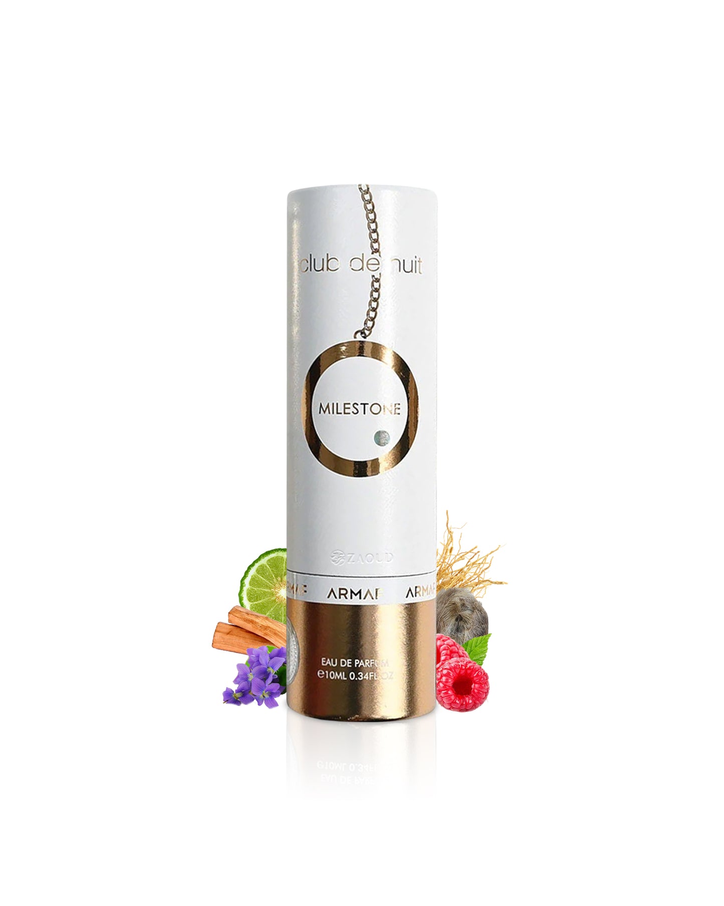 armaf club de nuit milestone 10ML with decorative elements like raspberry and violet on a white background