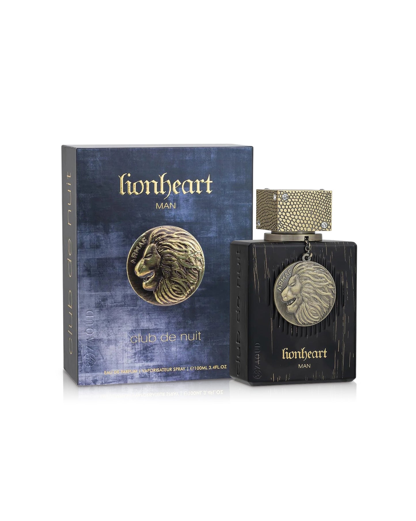 armaf lionheart man perfume bottle shows beside its box against white background