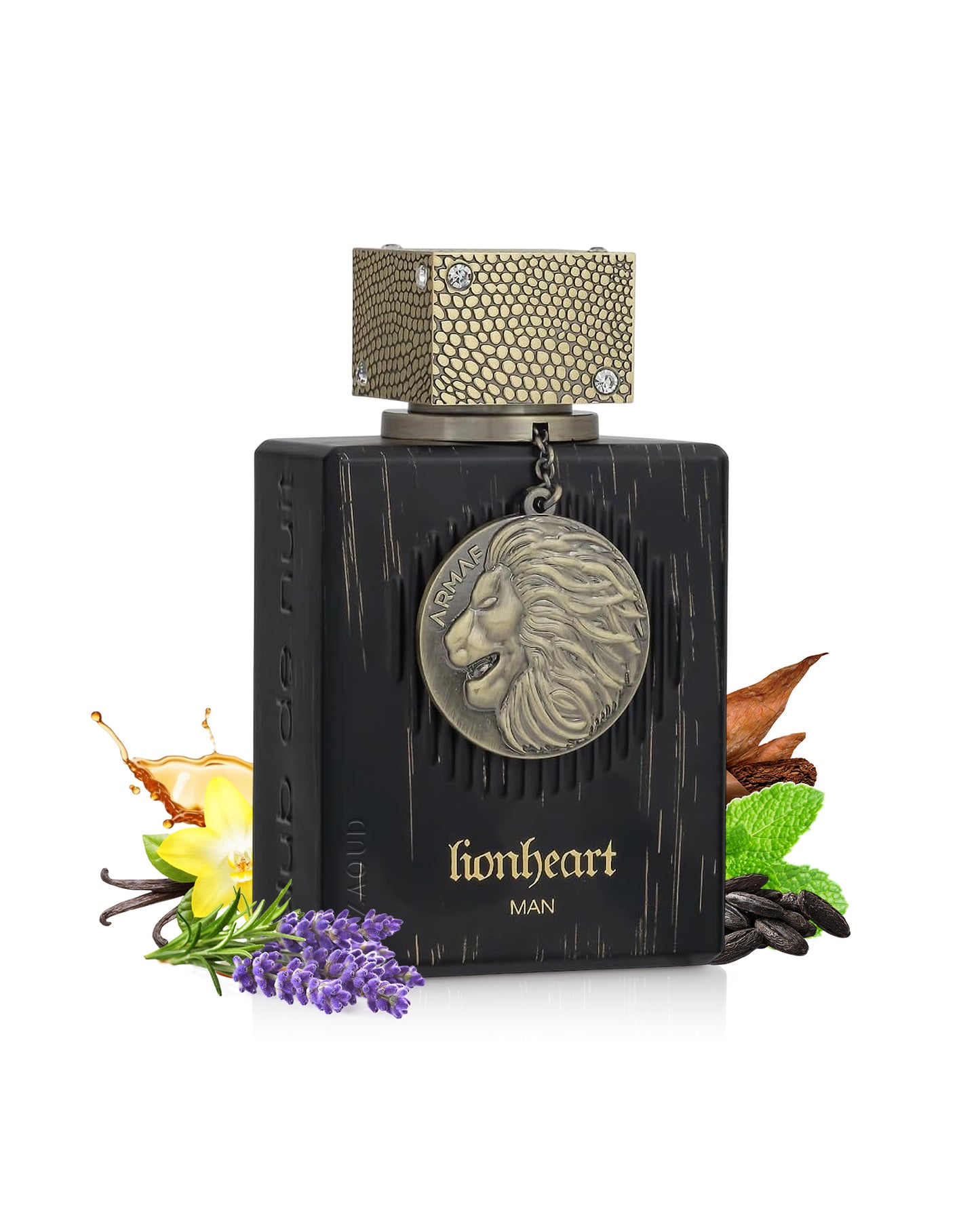 armaf lionheart man perfume bottle surrounded with fragrance notes like lavender and patchouli shows against white background