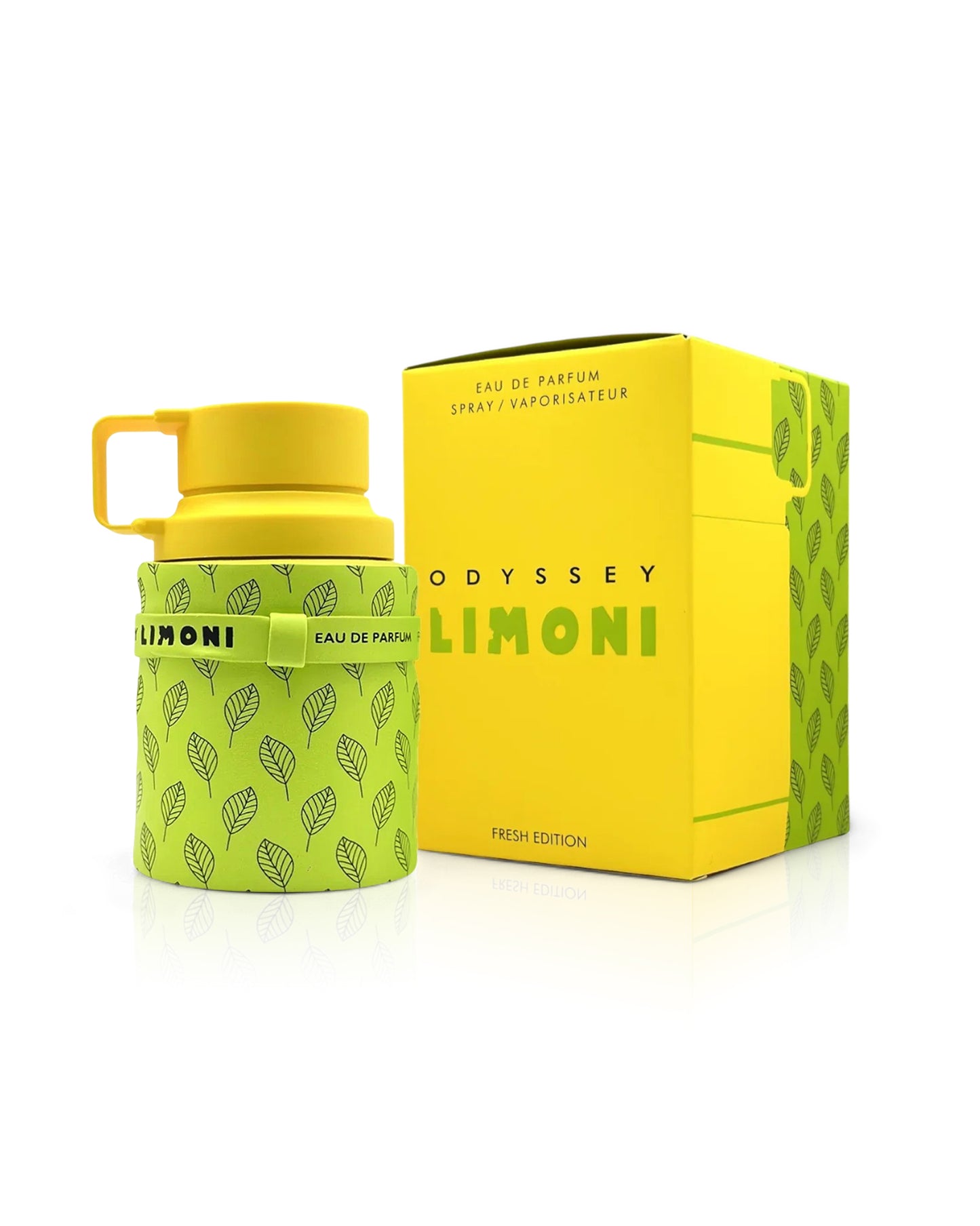armaf odyssey limoni perfume bottle shows beside its box against white background