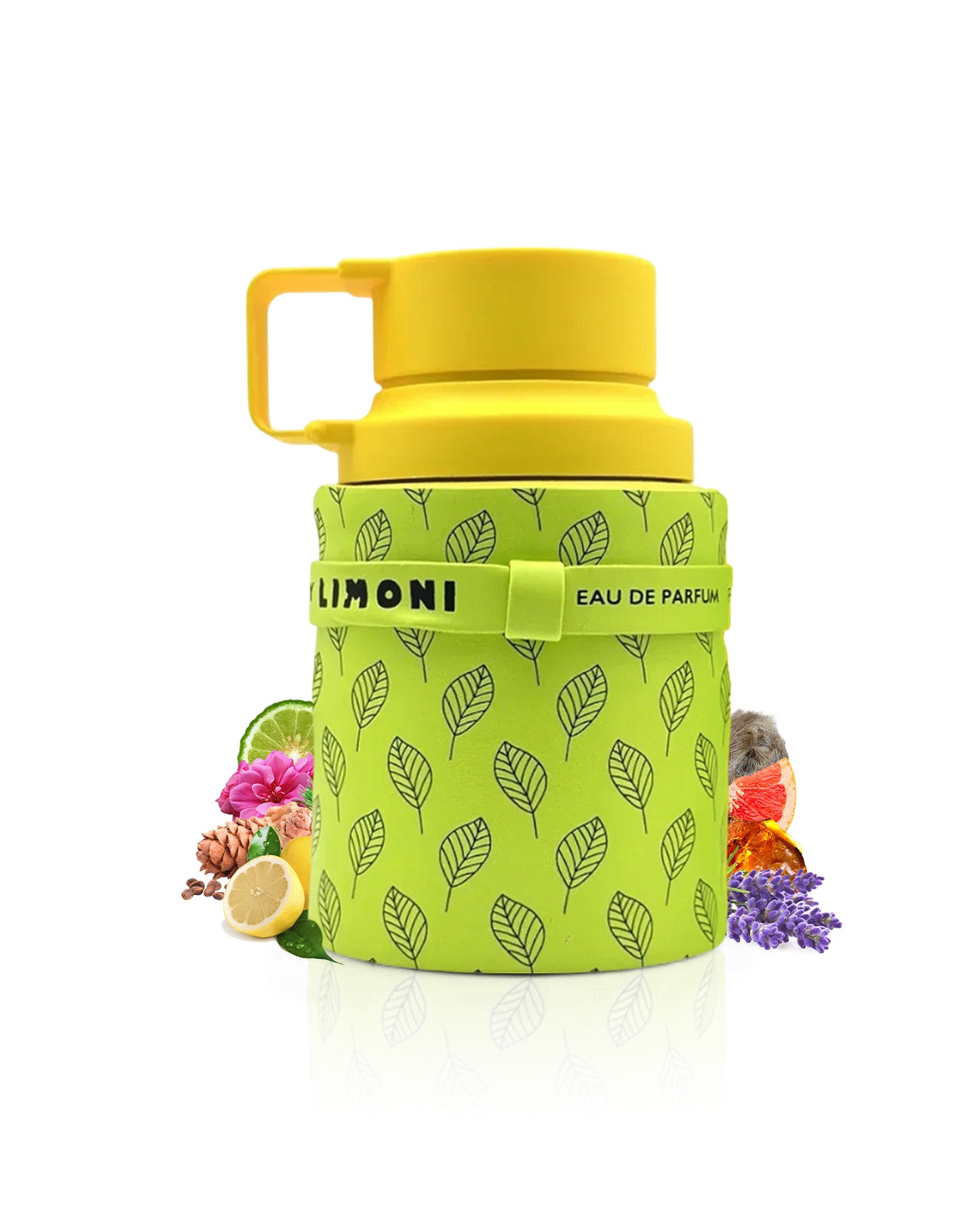 armaf odyssey limoni perfume bottle surrounded by fragrance notes like lemon and grapefruit shows against white background