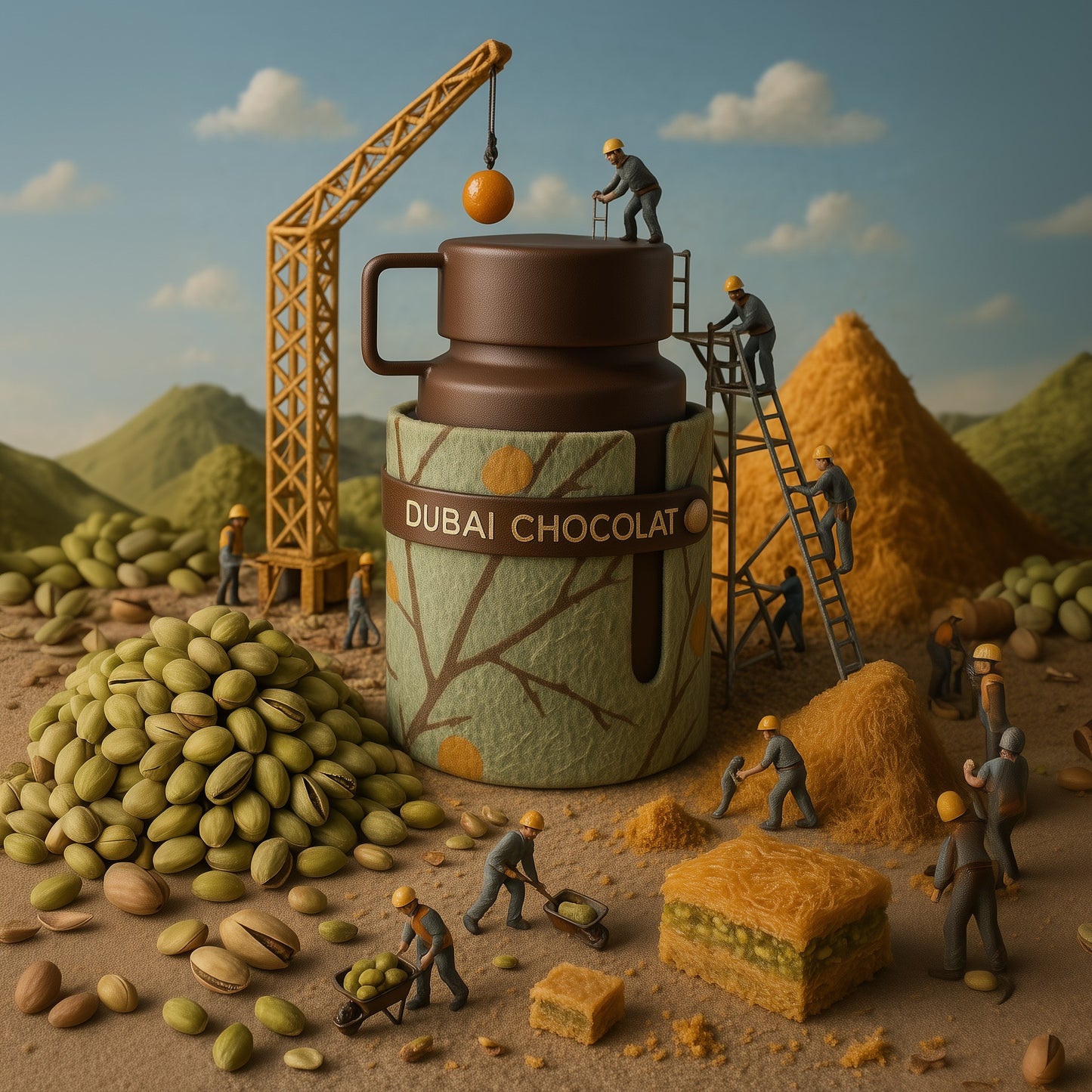 armaf dubai chocolat perfume bottle ghibli edited image shows kunafa and pistachio with workers around
