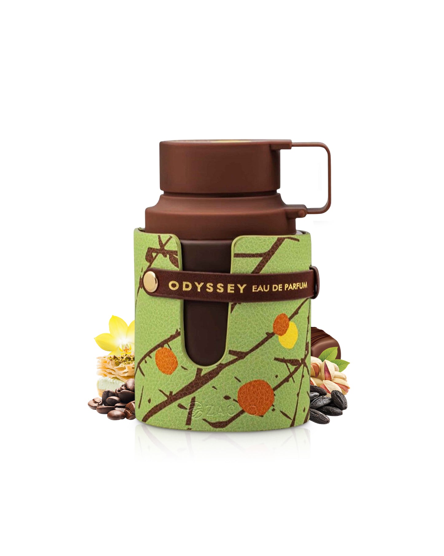 armaf dubai chocolat perfume bottle surrounded with fragrance notes like kunafa and pistachio shows against white background